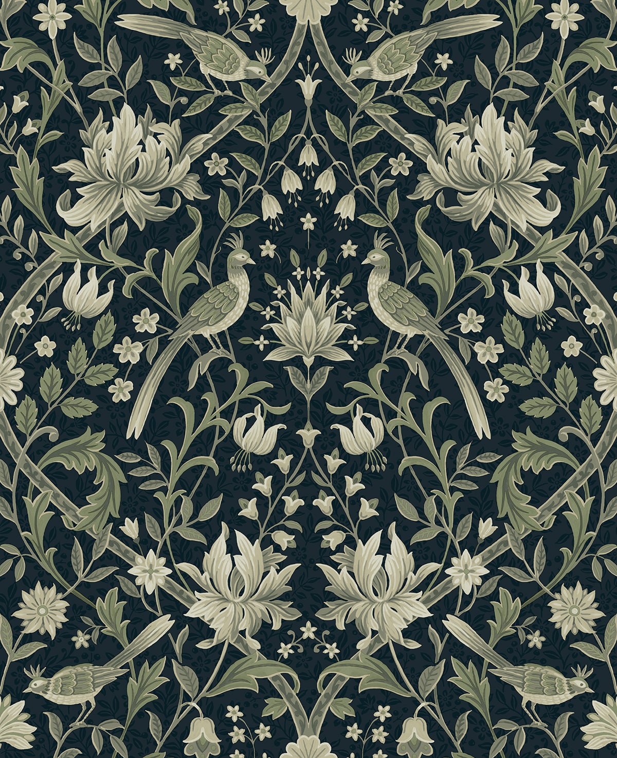 Vintage Bird Ogee Peel and Stick wallpaper in blue and sage color - pattern number NW58302 - by NextWall in the Peel and Stick Wallpaper by Nextwall collection