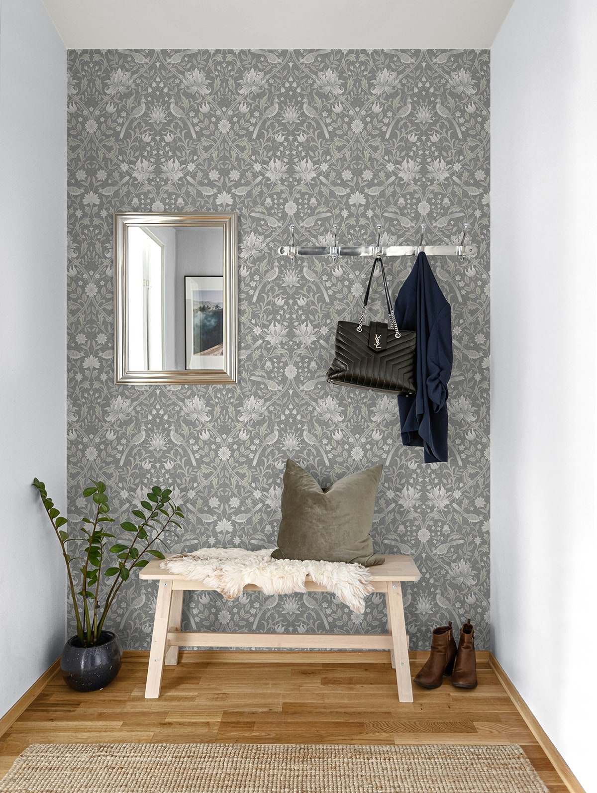 Vintage Bird Ogee Peel and Stick wallpaper in grey color - pattern number NW58308 - by NextWall in the Peel and Stick Wallpaper by Nextwall collection