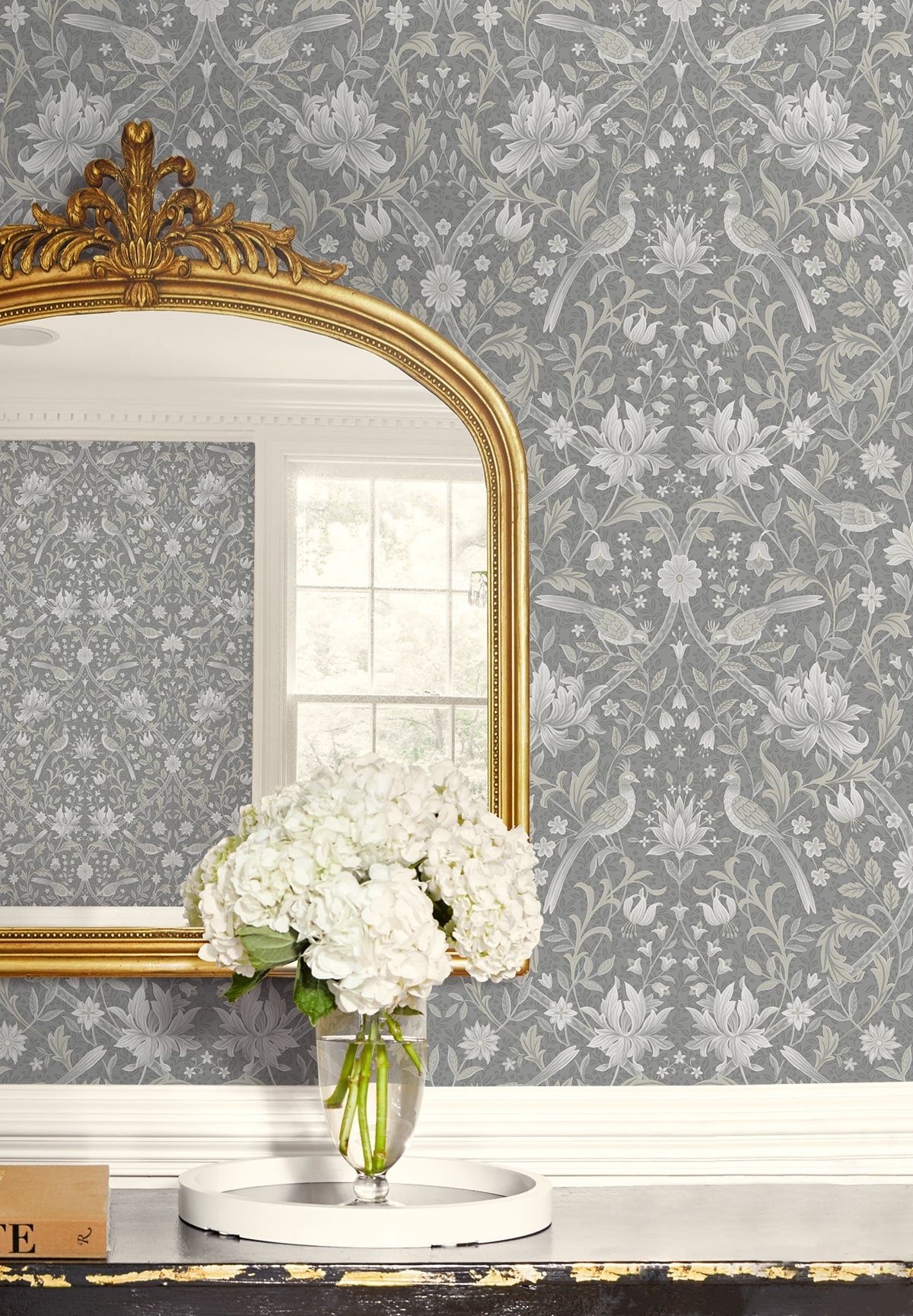 Vintage Bird Ogee Peel and Stick wallpaper in grey color - pattern number NW58308 - by NextWall in the Peel and Stick Wallpaper by Nextwall collection