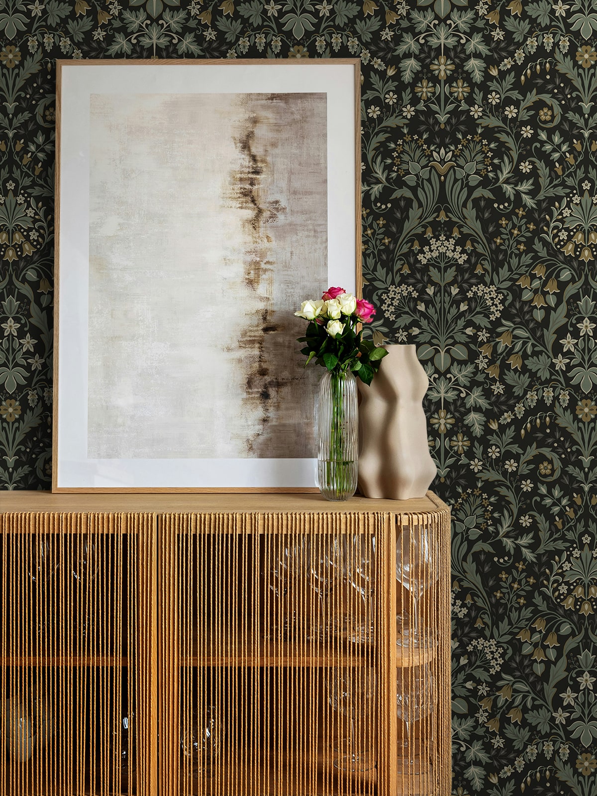Filigree Floral Peel and Stick wallpaper in ebony and sage color - pattern number NW58404 - by NextWall in the Peel and Stick Wallpaper by Nextwall collection