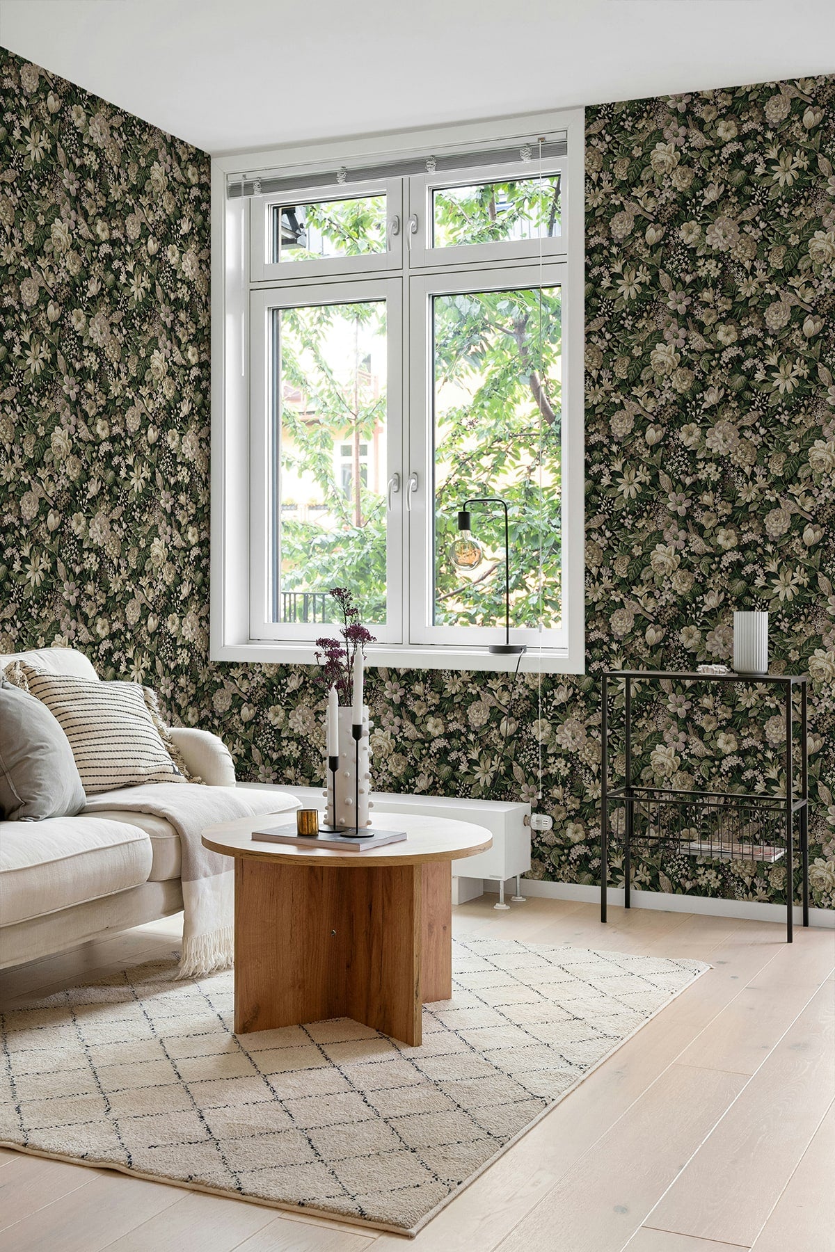 Vintage Bird Garden Peel and Stick wallpaper in green and mauve color - pattern number NW58504 - by NextWall in the Peel and Stick Wallpaper by Nextwall collection