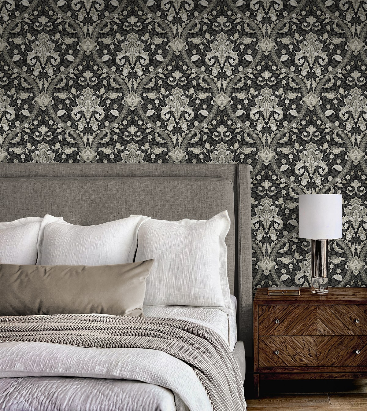 Acanthus Ogee Peel and Stick wallpaper in ebony and cliffside color - pattern number NW59000 - by NextWall in the Peel and Stick Wallpaper by Nextwall collection