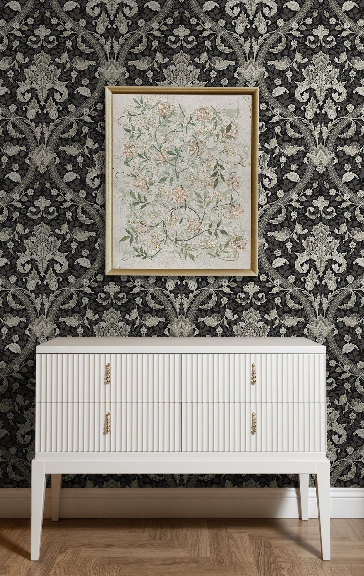 Acanthus Ogee Peel and Stick wallpaper in ebony and cliffside color - pattern number NW59000 - by NextWall in the Peel and Stick Wallpaper by Nextwall collection