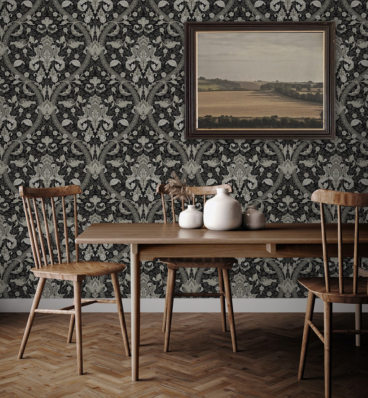 Acanthus Ogee Peel and Stick wallpaper in ebony and cliffside color - pattern number NW59000 - by NextWall in the Peel and Stick Wallpaper by Nextwall collection