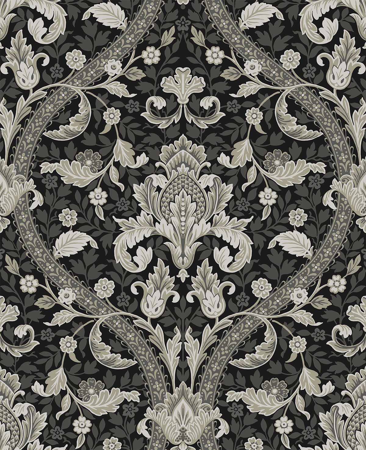 Acanthus Ogee Peel and Stick wallpaper in ebony and cliffside color - pattern number NW59000 - by NextWall in the Peel and Stick Wallpaper by Nextwall collection