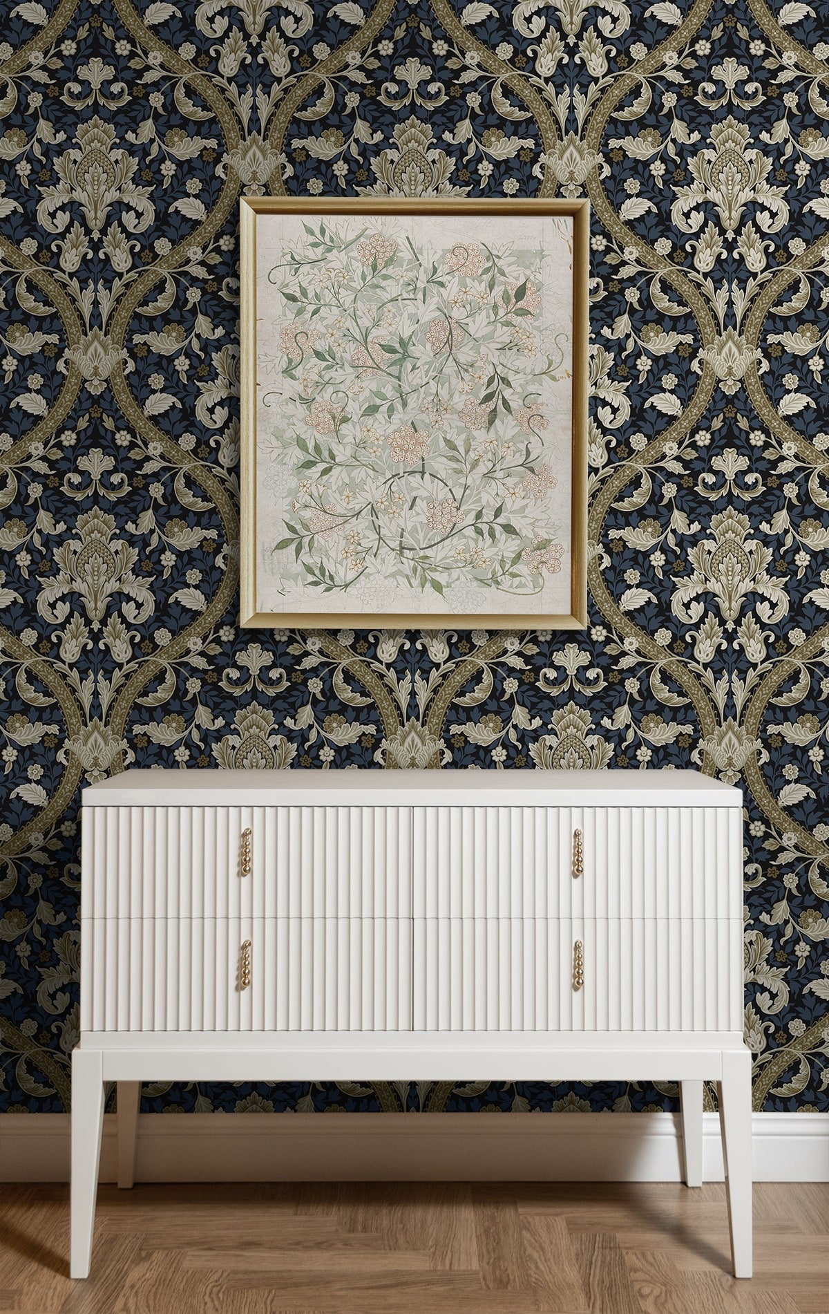Acanthus Ogee Peel and Stick wallpaper in blue and natural color - pattern number NW59002 - by NextWall in the Peel and Stick Wallpaper by Nextwall collection