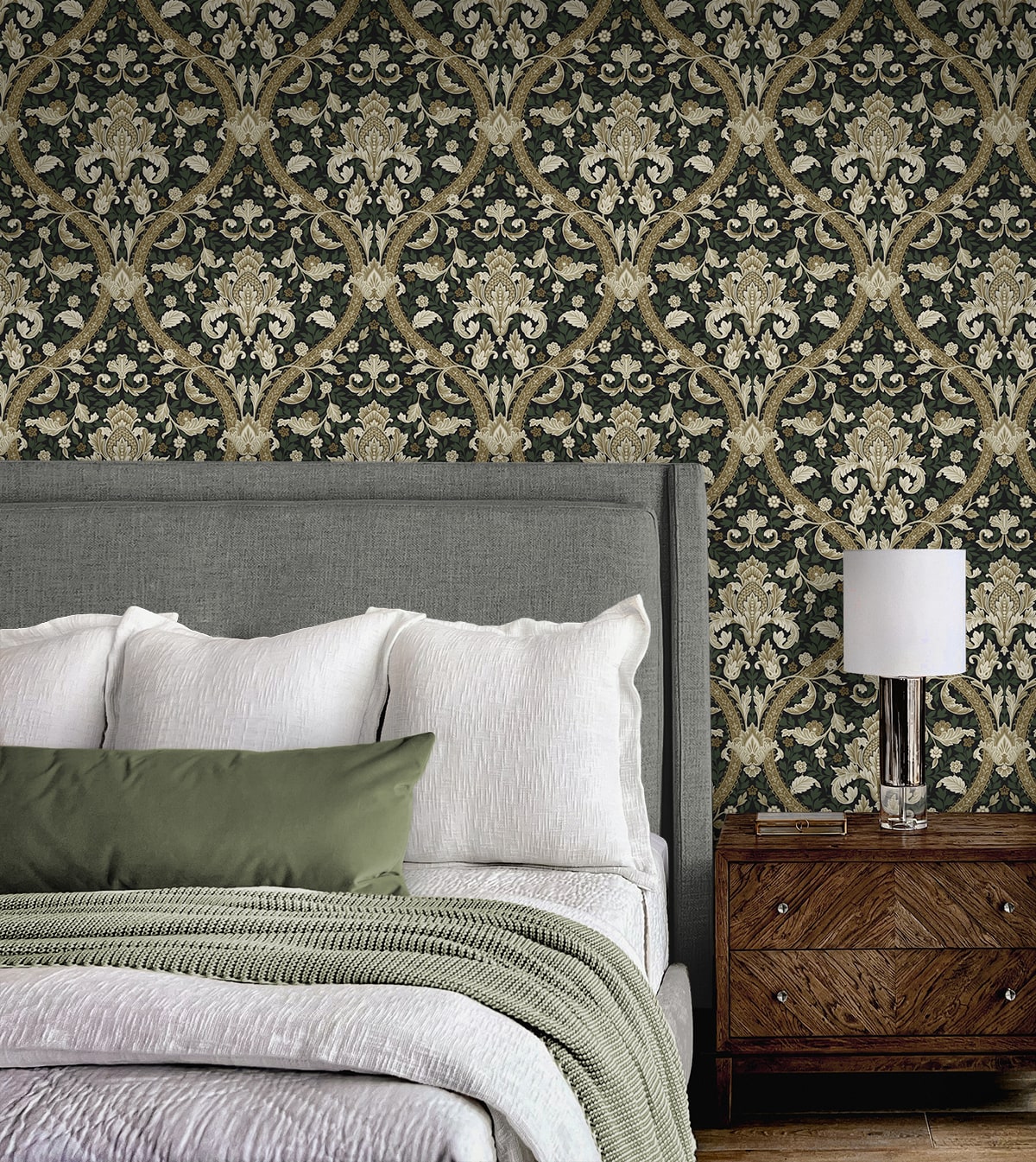 Acanthus Ogee Peel and Stick wallpaper in ebony and green color - pattern number NW59004 - by NextWall in the Peel and Stick Wallpaper by Nextwall collection