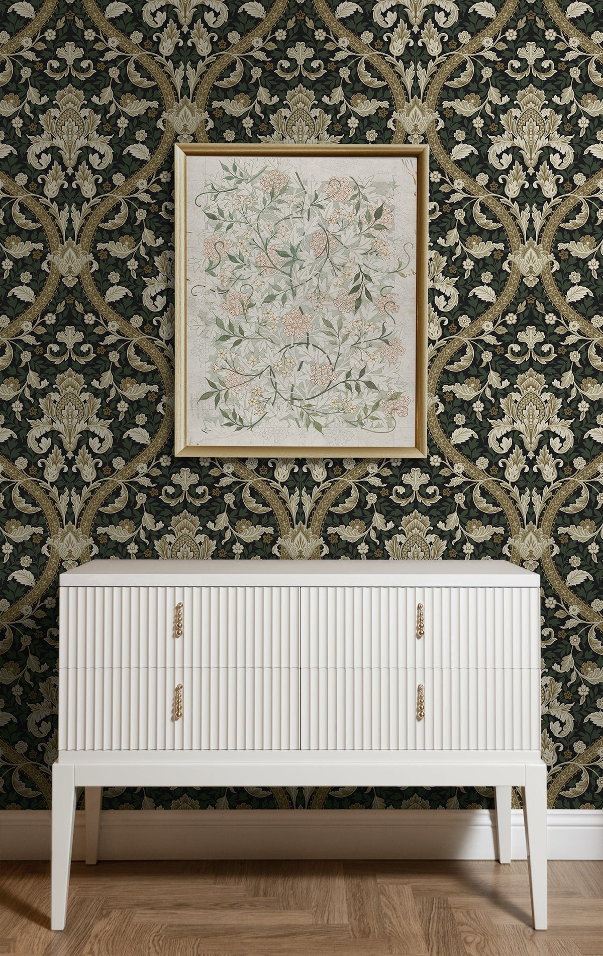 Acanthus Ogee Peel and Stick wallpaper in ebony and green color - pattern number NW59004 - by NextWall in the Peel and Stick Wallpaper by Nextwall collection