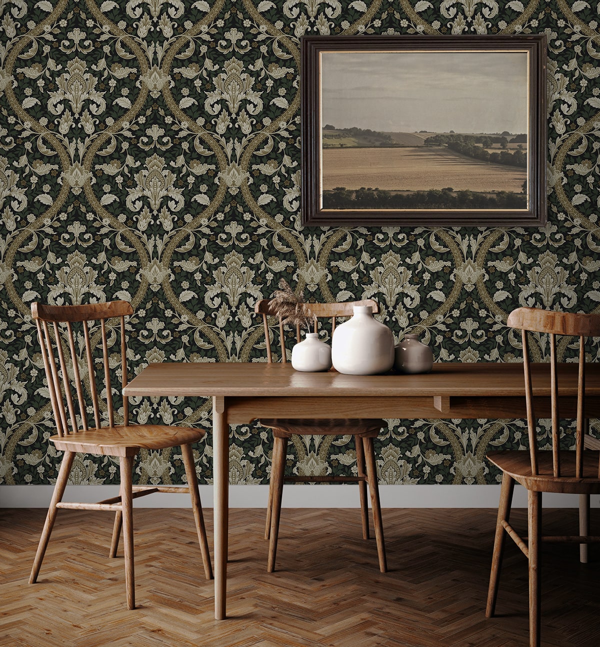 Acanthus Ogee Peel and Stick wallpaper in ebony and green color - pattern number NW59004 - by NextWall in the Peel and Stick Wallpaper by Nextwall collection