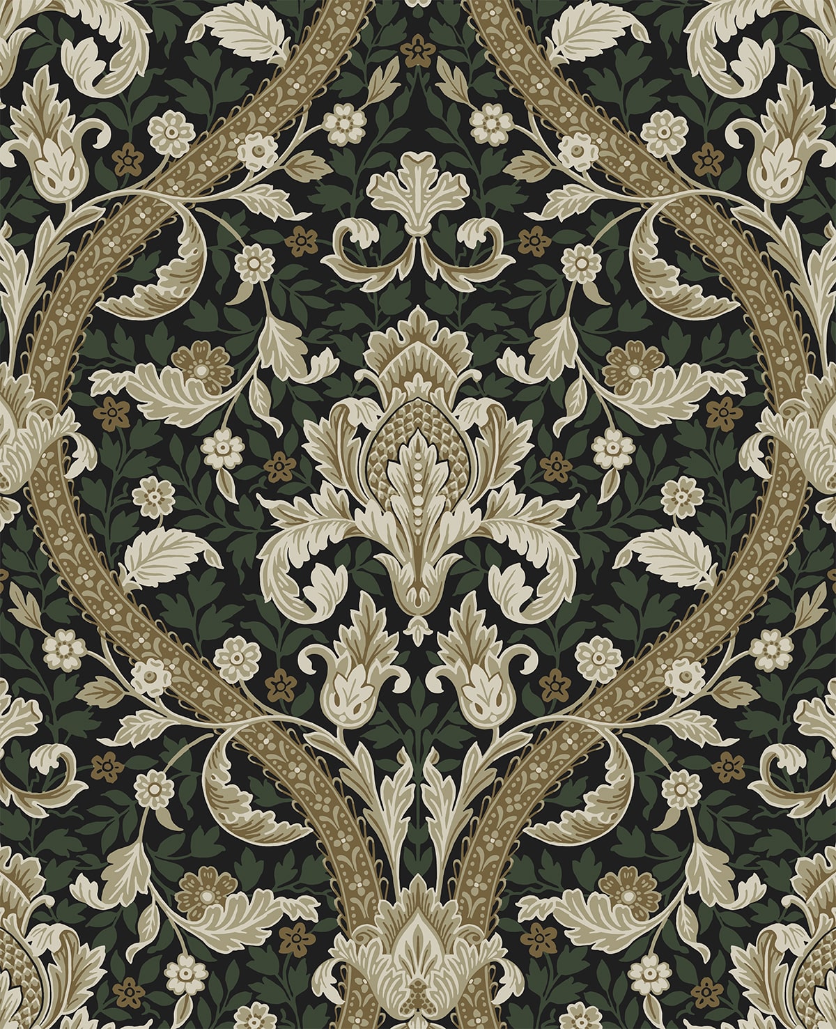 Acanthus Ogee Peel and Stick wallpaper in ebony and green color - pattern number NW59004 - by NextWall in the Peel and Stick Wallpaper by Nextwall collection