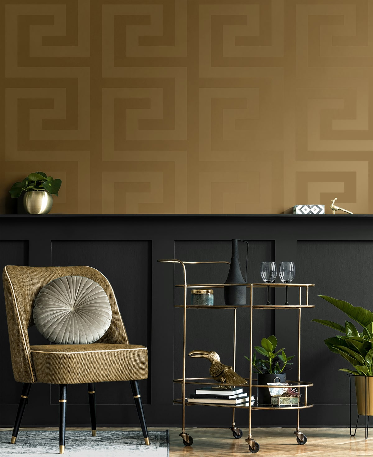 Geometric Maze Peel and Stick wallpaper in antique gold color - pattern number NW59405 - by NextWall in the Peel and Stick Wallpaper by Nextwall collection