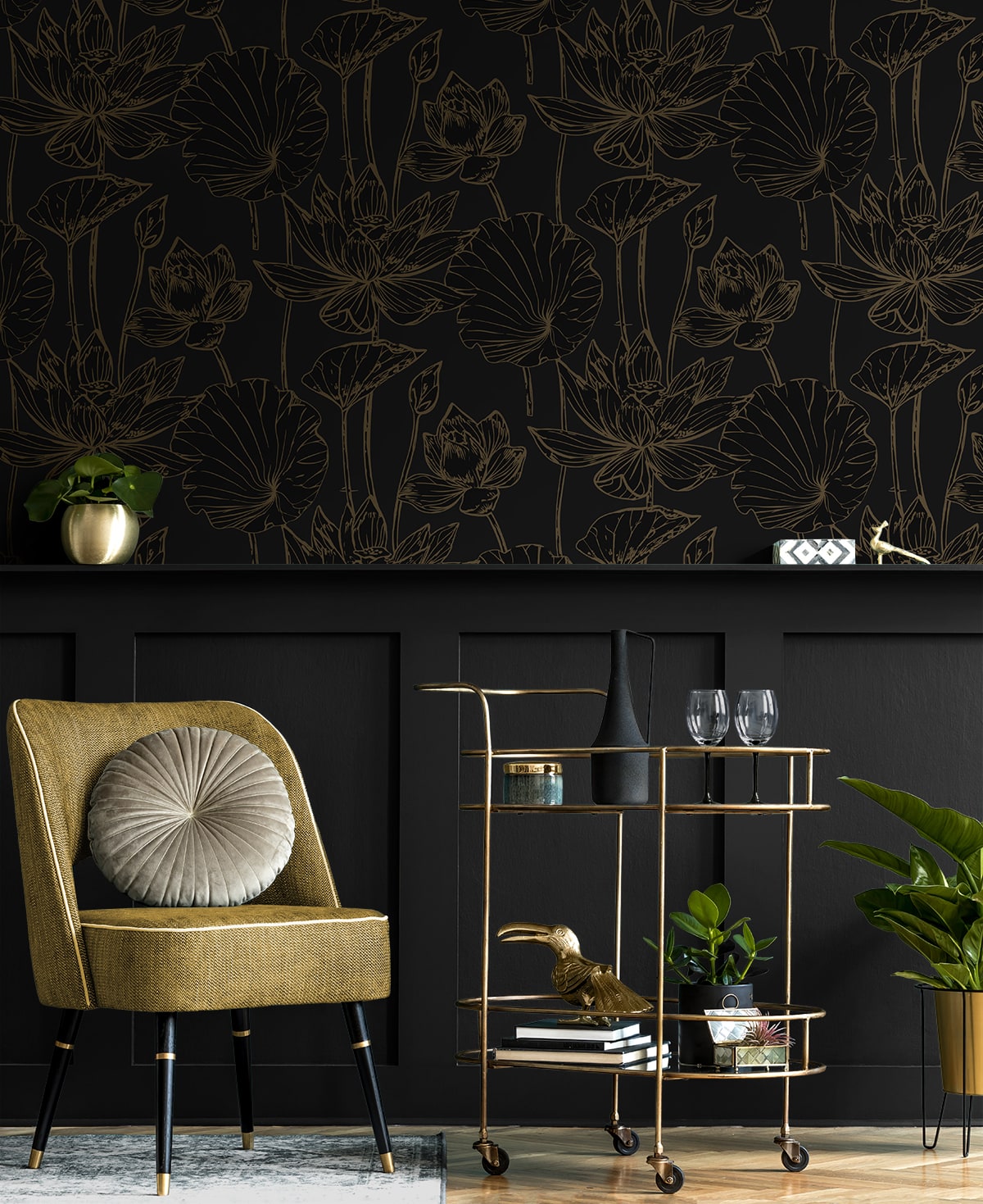 Lotus Garden Floral Peel and Stick wallpaper in wrought iron and gold color - pattern number NW59710 - by NextWall in the Peel and Stick Wallpaper by Nextwall collection