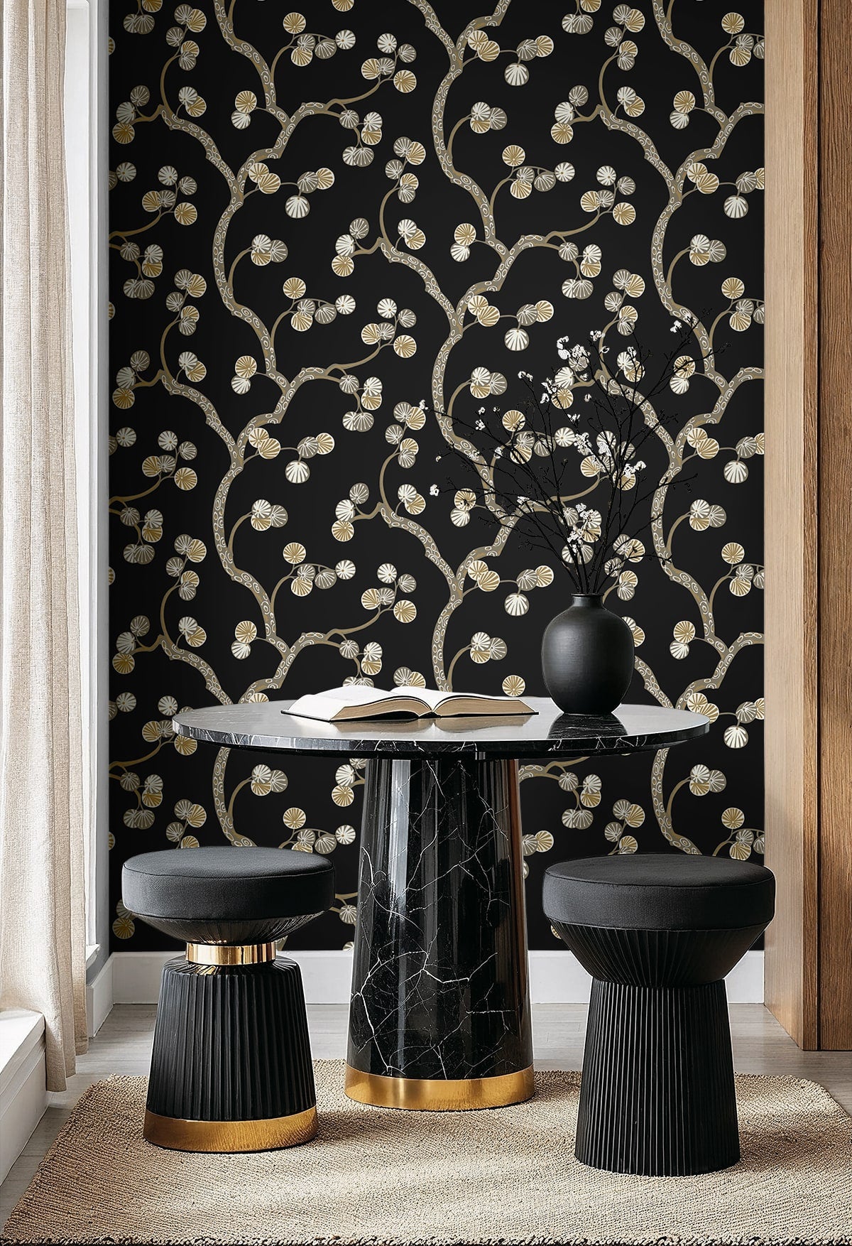 Woodland Whimsy Peel and Stick wallpaper in ebony and gold color - pattern number NW59810 - by NextWall in the Peel and Stick Wallpaper by Nextwall collection