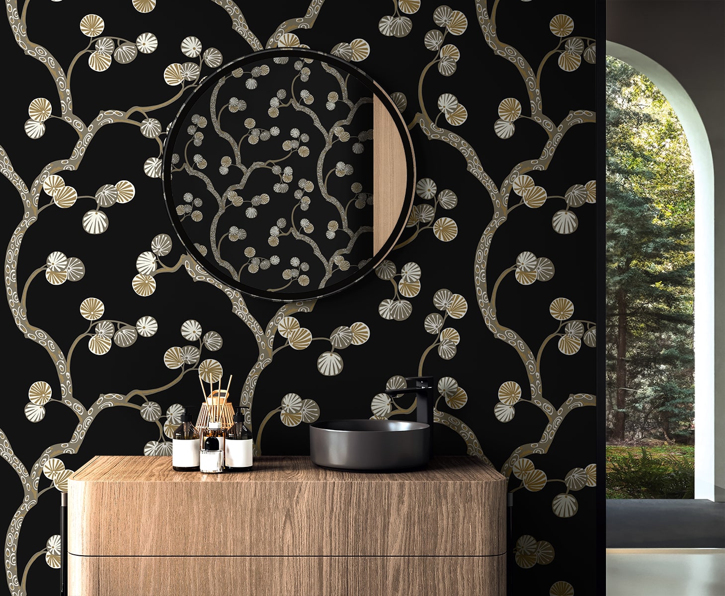 Woodland Whimsy Peel and Stick wallpaper in ebony and gold color - pattern number NW59810 - by NextWall in the Peel and Stick Wallpaper by Nextwall collection
