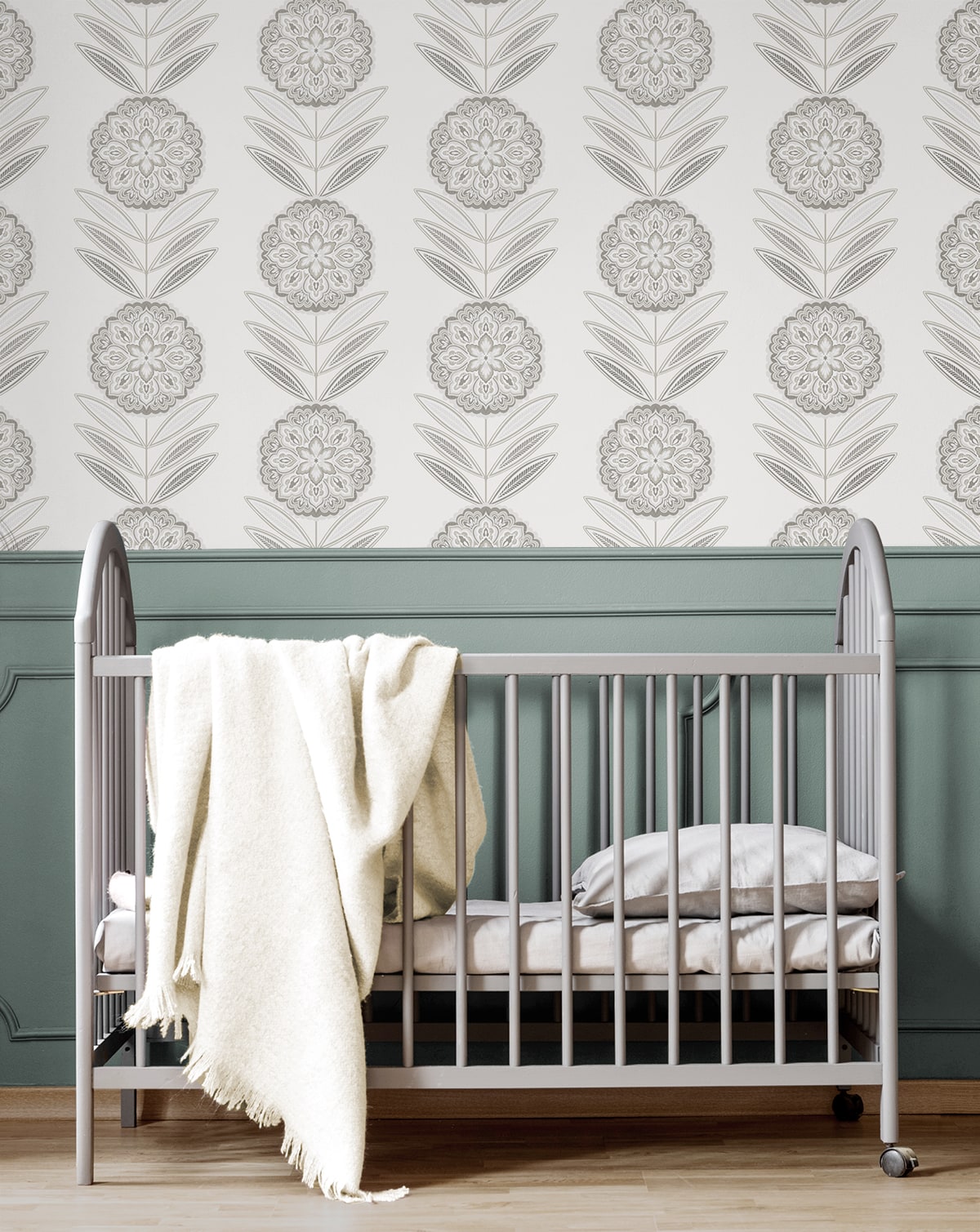 Folk Flowers Peel and Stick wallpaper in morning fog color - pattern number NW59900 - by NextWall in the Peel and Stick Wallpaper by Nextwall collection