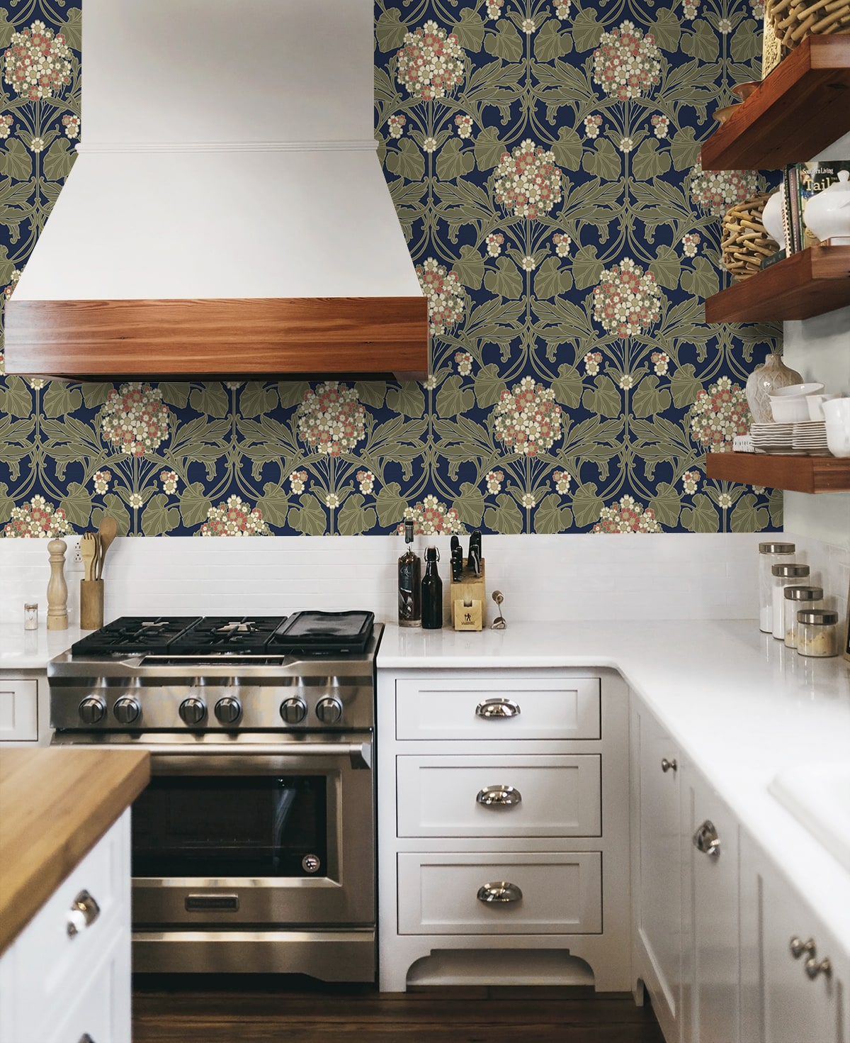 Hydrangea Floral Peel and Stick wallpaper in dark blue and terra cotta color - pattern number NW60402 - by NextWall in the Peel and Stick Wallpaper by Nextwall collection