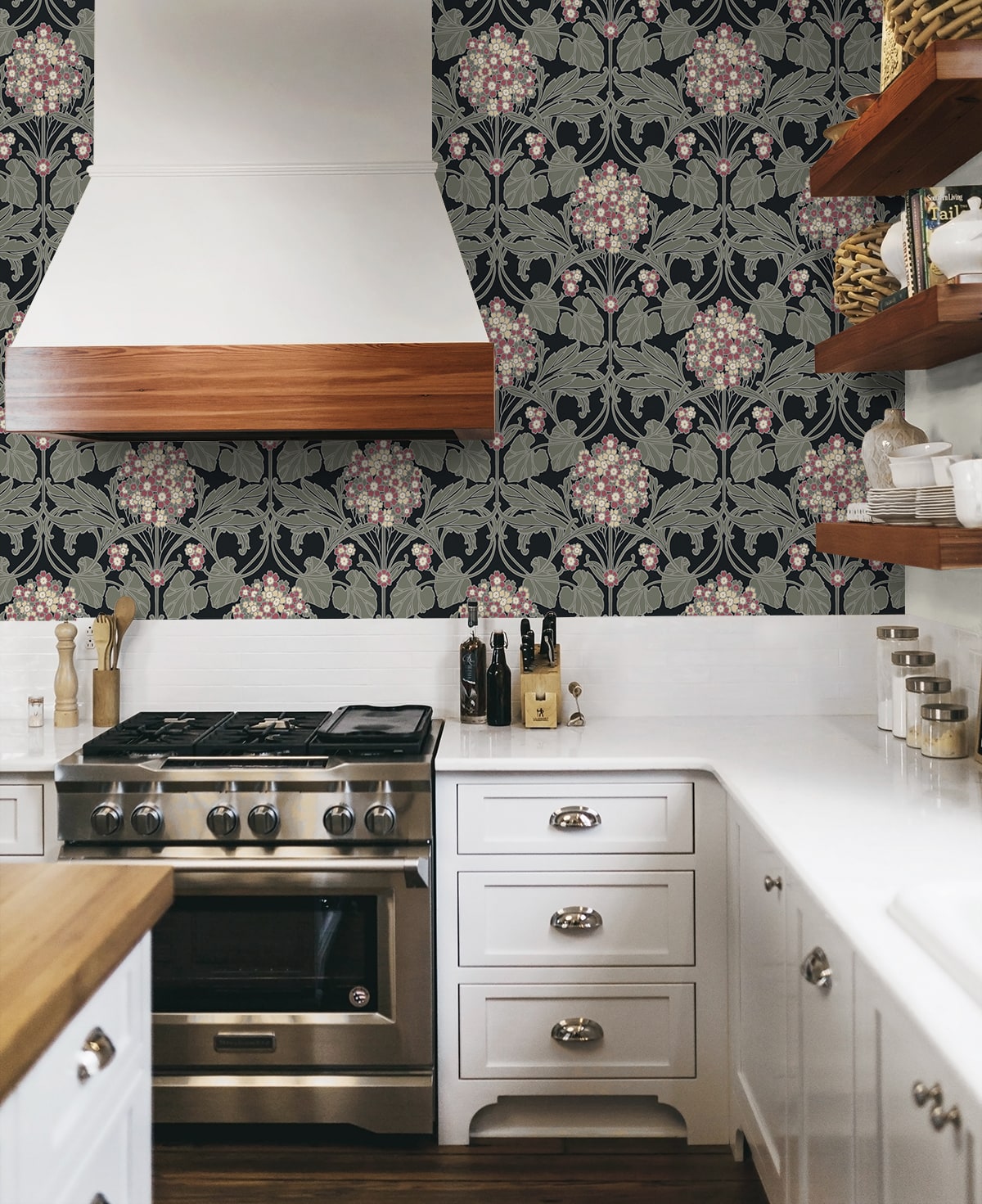Hydrangea Floral Peel and Stick wallpaper in black and rosewood color - pattern number NW60410 - by NextWall in the Peel and Stick Wallpaper by Nextwall collection