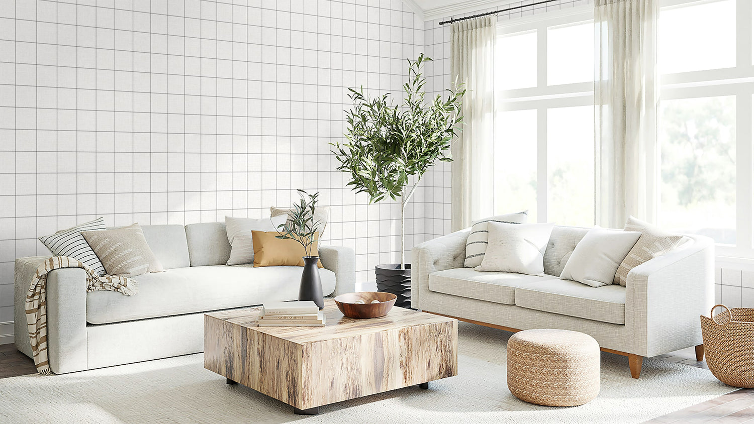 Classic Striped Check Peel and Stick wallpaper in charcoal and linen color - pattern number NW60600 - by NextWall in the Peel and Stick Wallpaper by Nextwall collection