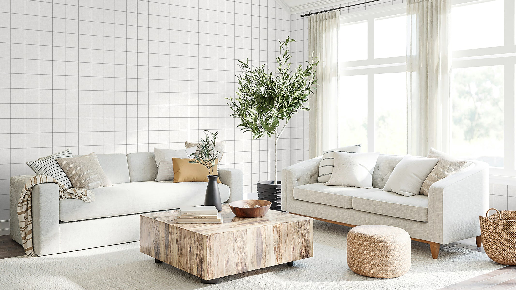 Classic Striped Check Peel and Stick wallpaper in charcoal and linen color - pattern number NW60600 - by NextWall in the Peel and Stick Wallpaper by Nextwall collection
