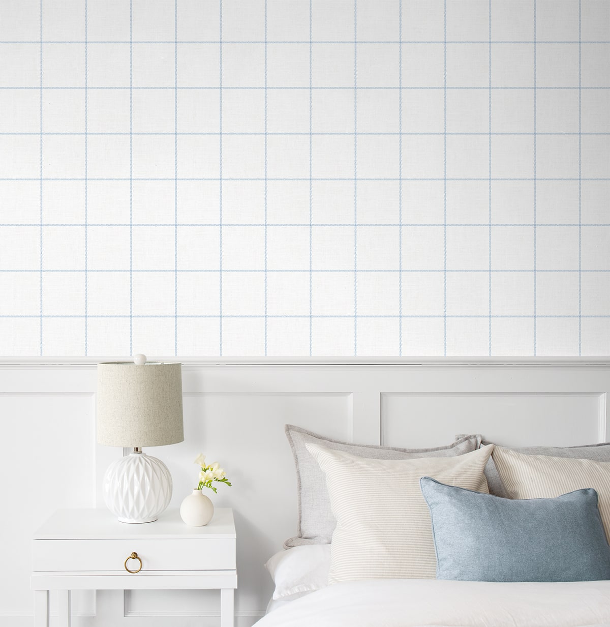 Classic Striped Check Peel and Stick wallpaper in sky blue and linen color - pattern number NW60602 - by NextWall in the Peel and Stick Wallpaper by Nextwall collection