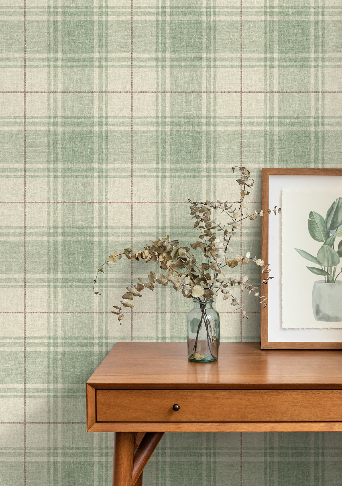 Linen Cut Plaid Peel and Stick Wallpaper in pine &amp; cabernet color - pattern number NW60804 - by NextWall in the Peel and Stick Wallpaper by Nextwall collection