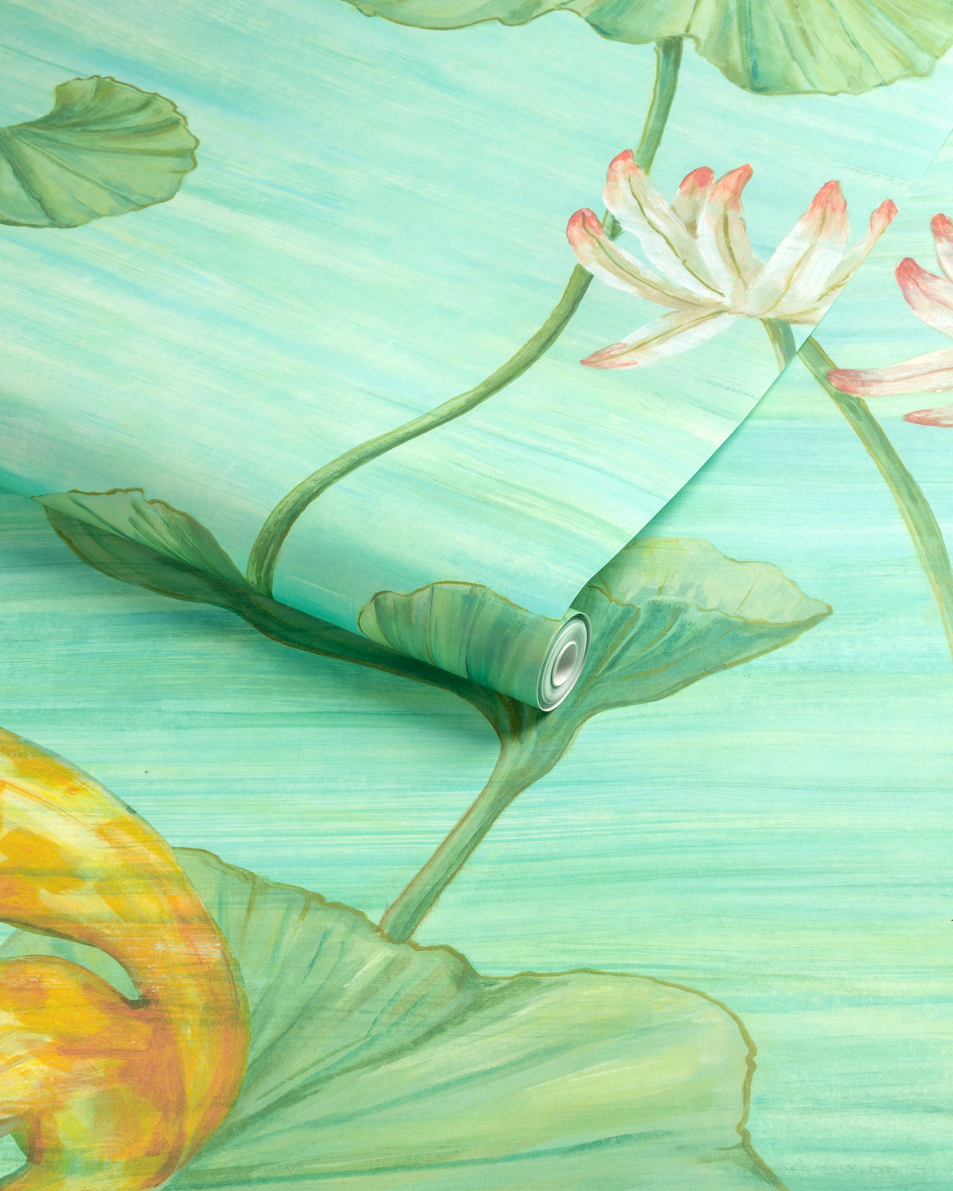 Koi Pond 3 Panel Mural in teal color - pattern number P8026100.353.0 - by Brunschwig and Fils in the Les Paysages Murals collection