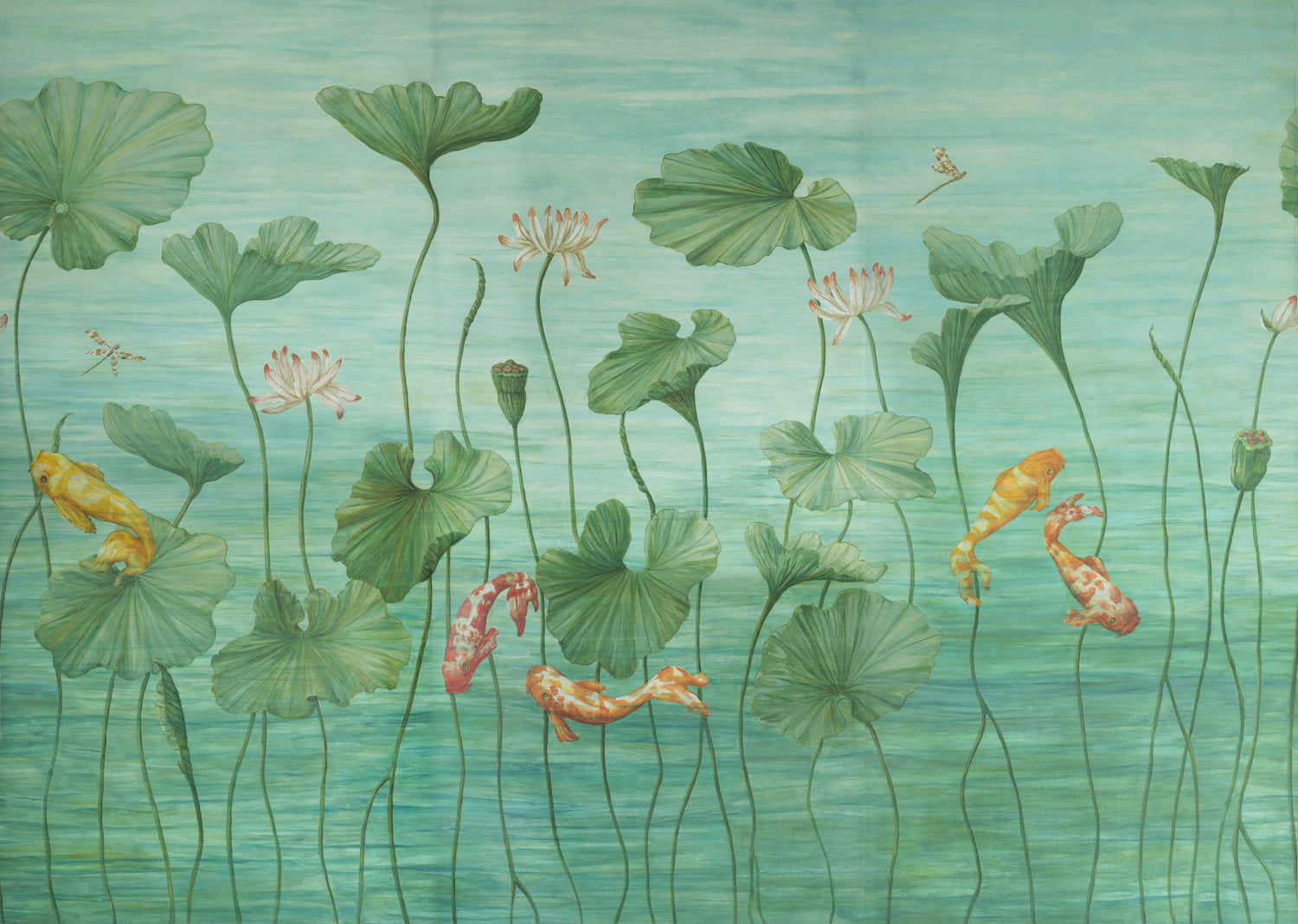 Koi Pond 3 Panel Mural in teal color - pattern number P8026100.353.0 - by Brunschwig and Fils in the Les Paysages Murals collection
