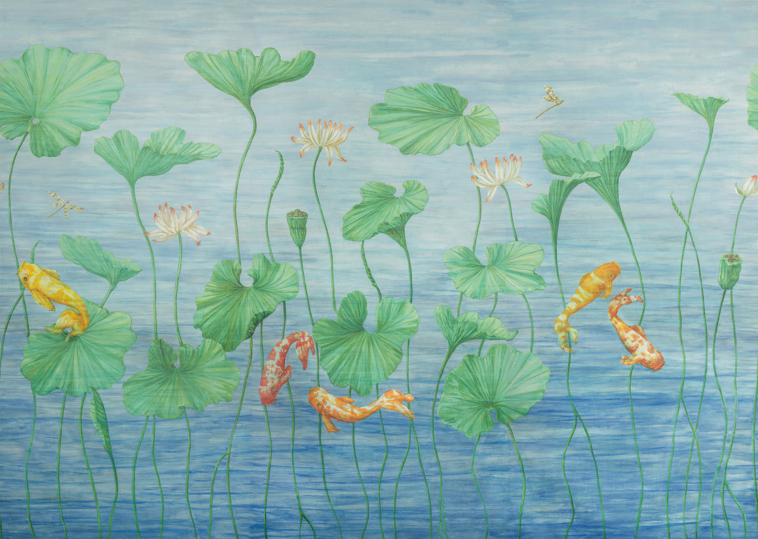 Koi Pond 3 Panel Mural in blue color - pattern number P8026100.535.0 - by Brunschwig and Fils in the Les Paysages Murals collection