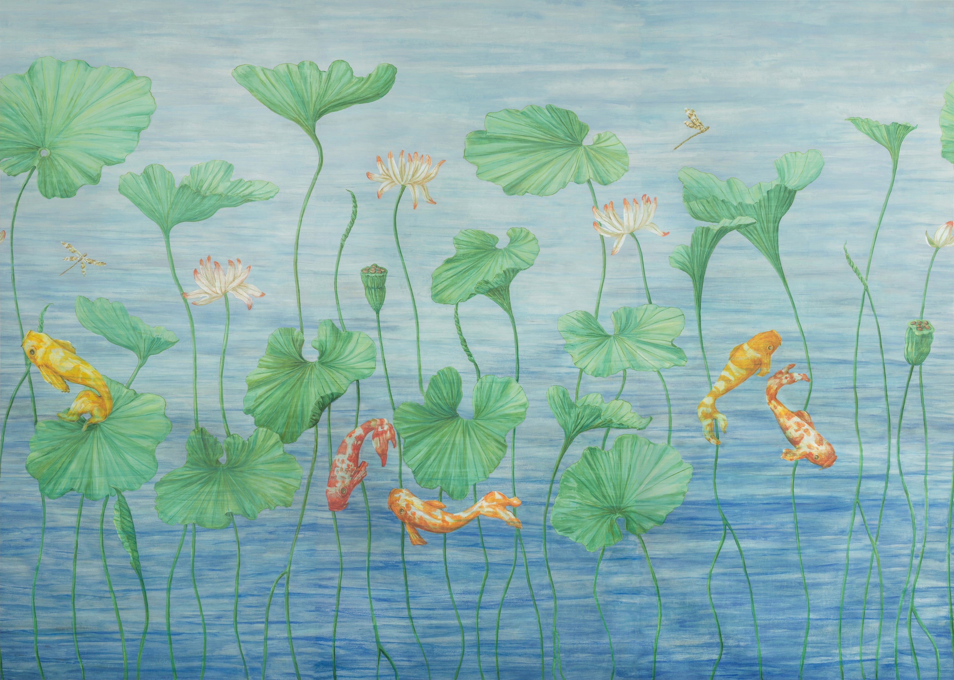 Koi Pond 3 Panel Mural in blue color - pattern number P8026100.535.0 - by Brunschwig and Fils in the Les Paysages Murals collection