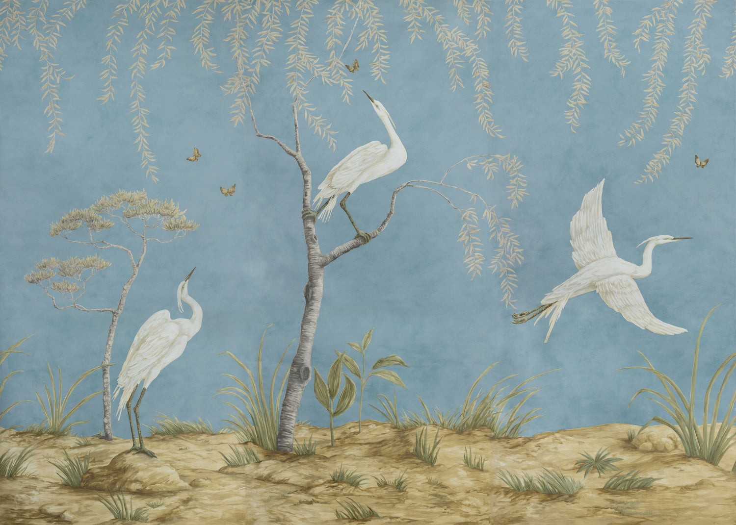 Egret Marsh 3 Panel Mural in blue color - pattern number P8026102.5.0 - by Brunschwig and Fils in the Les Paysages Murals collection