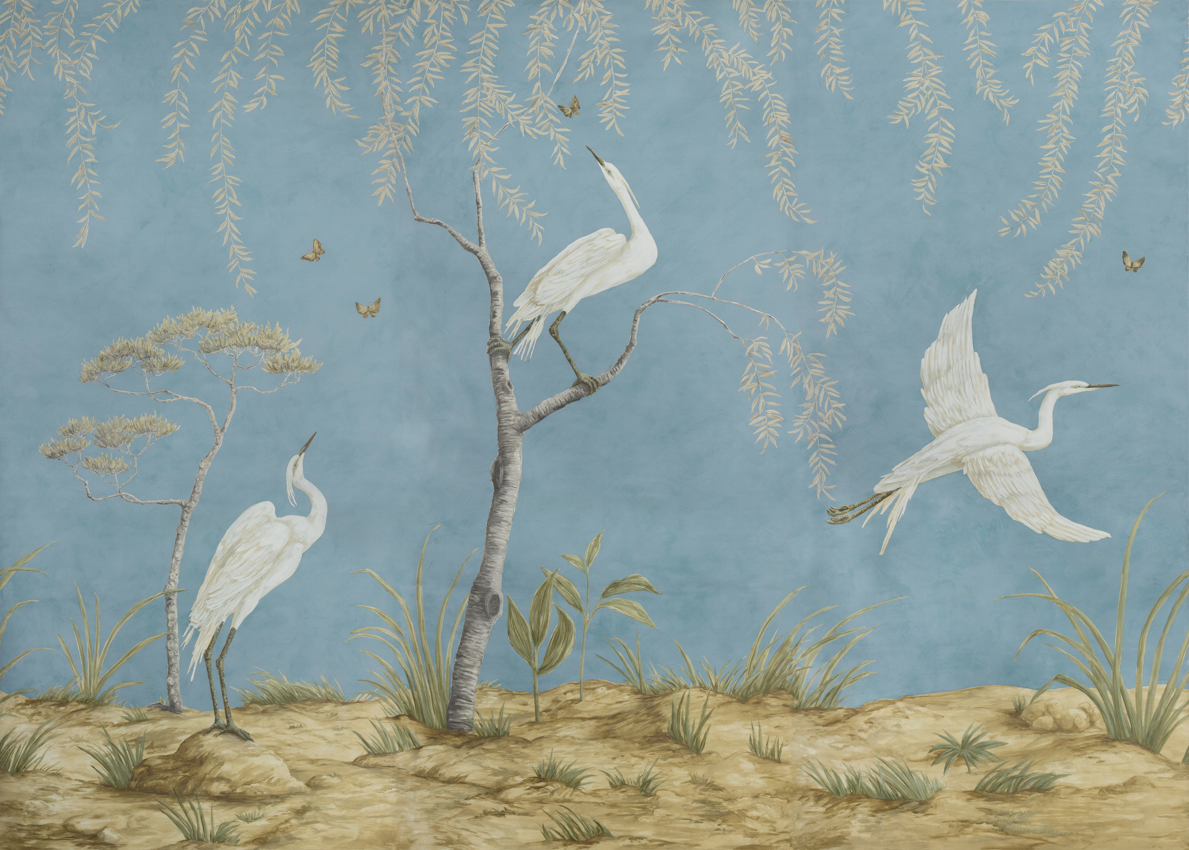 Egret Marsh 3 Panel Mural in blue color - pattern number P8026102.5.0 - by Brunschwig and Fils in the Les Paysages Murals collection