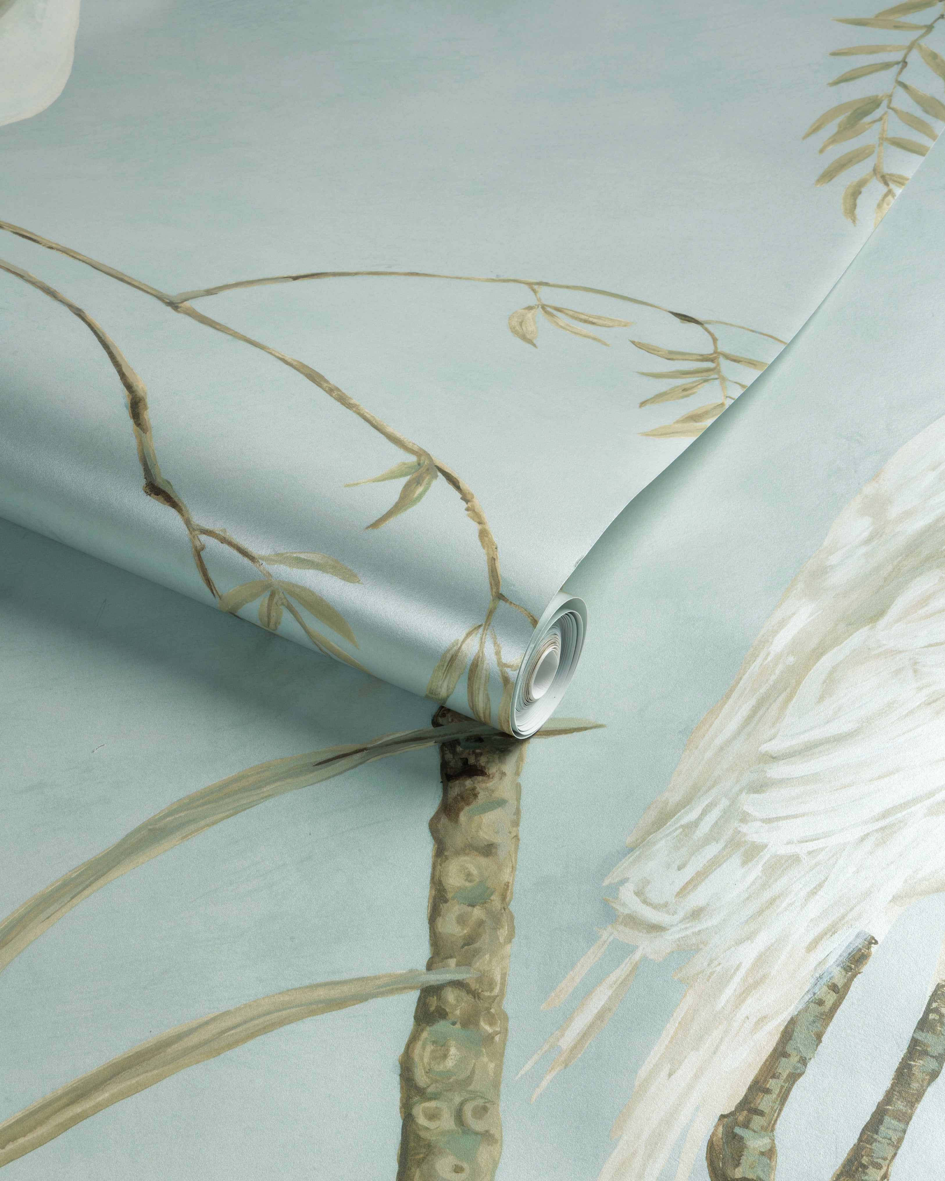 Egret Marsh 3 Panel Mural in mist and metallic color - pattern number P8026103.1113.0 - by Brunschwig and Fils in the Les Paysages Murals collection