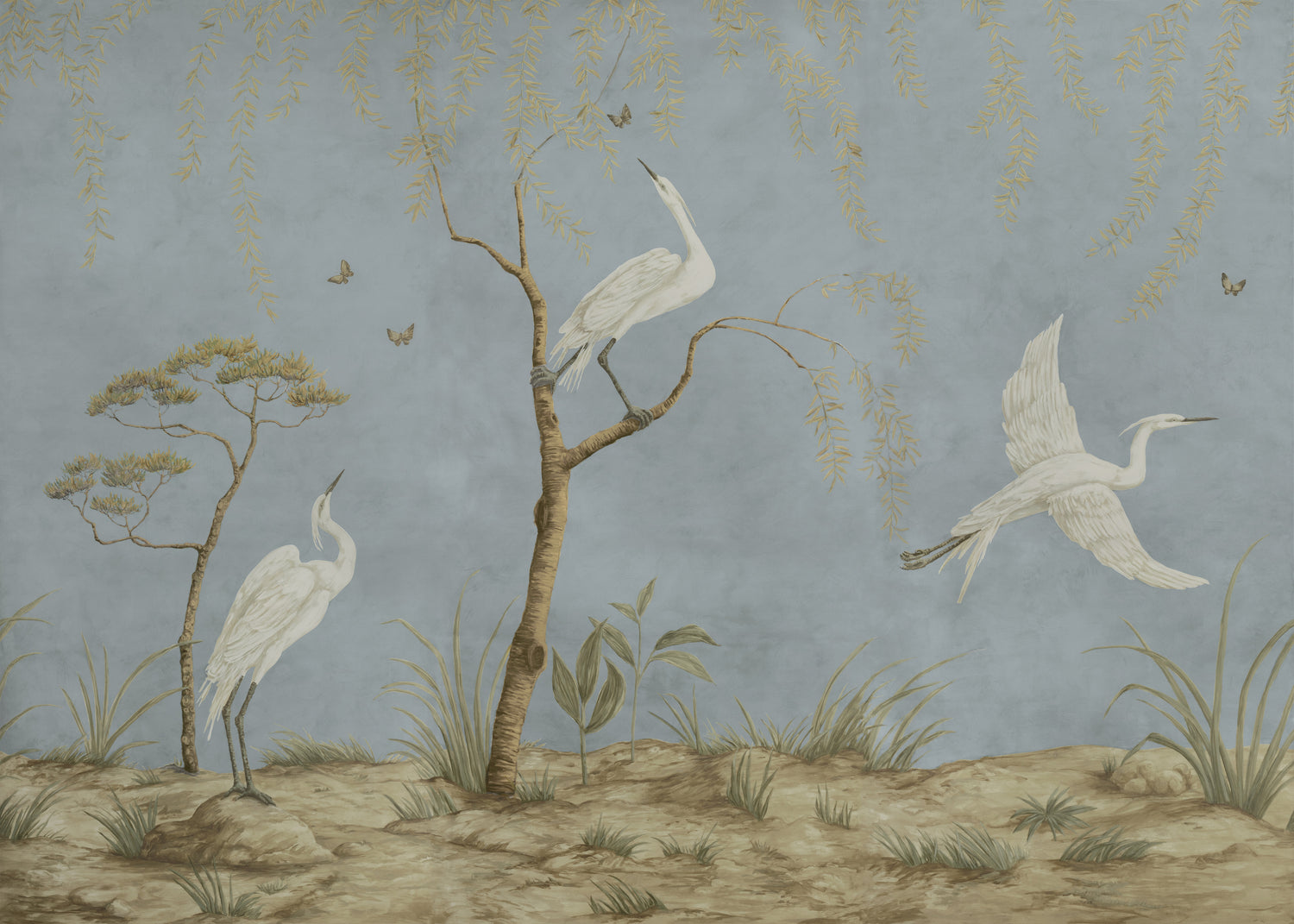 Egret Marsh 3 Panel Mural in mist and metallic color - pattern number P8026103.1113.0 - by Brunschwig and Fils in the Les Paysages Murals collection