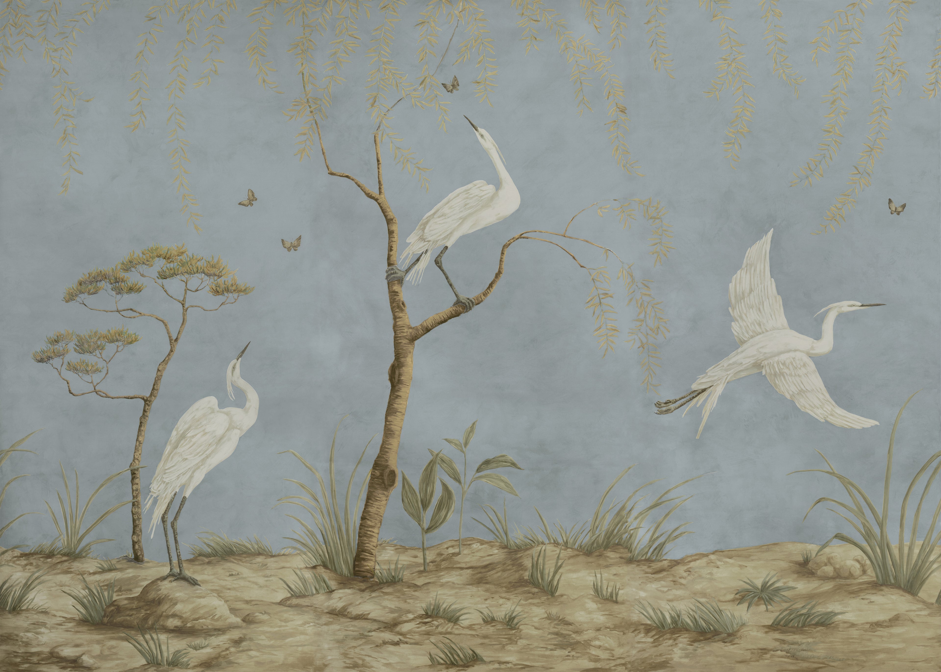 Egret Marsh 3 Panel Mural in mist and metallic color - pattern number P8026103.1113.0 - by Brunschwig and Fils in the Les Paysages Murals collection