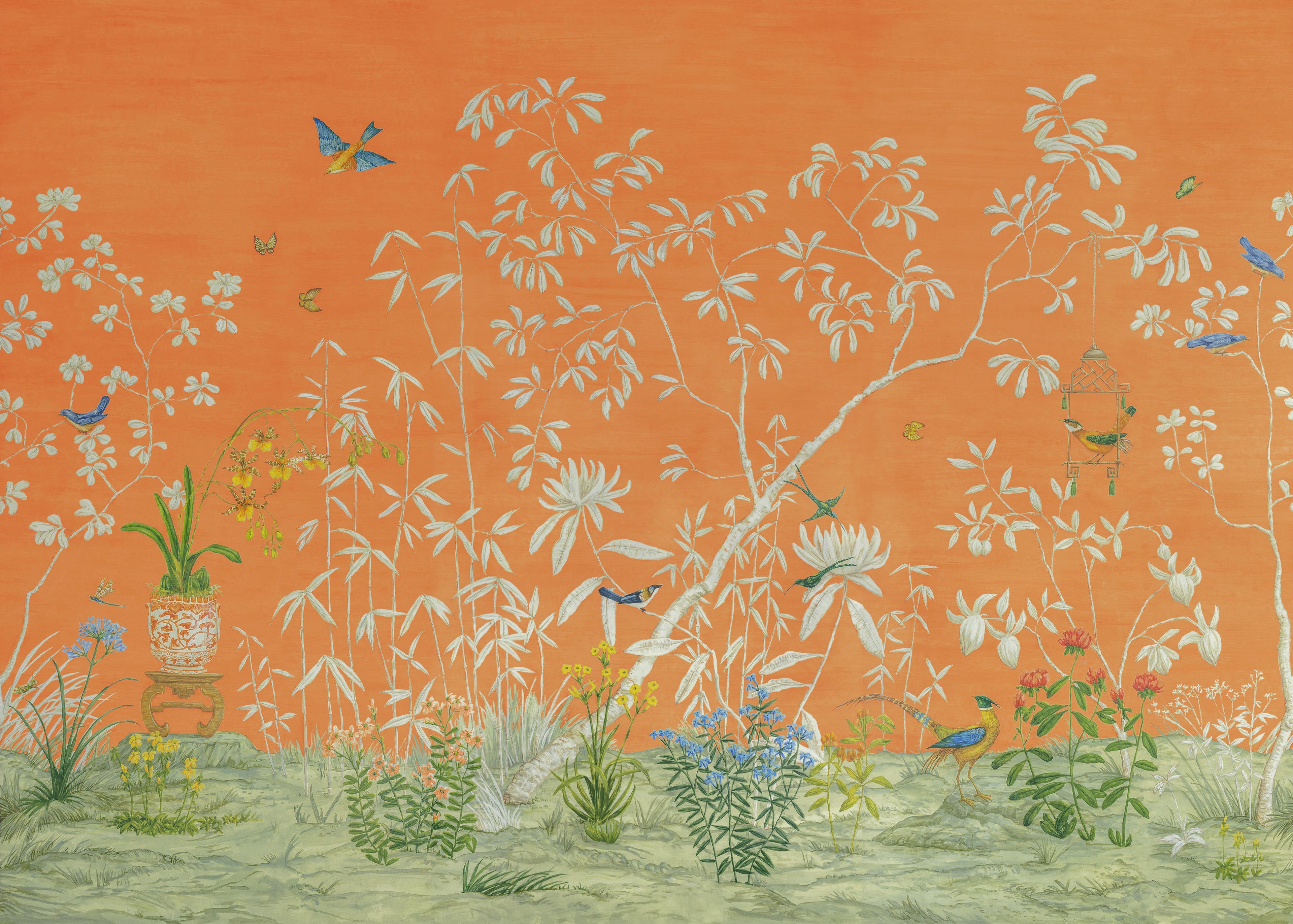 Jardin Yili 3 Panel Mural in orange color - pattern number P8026104.12.0 - by Brunschwig and Fils in the Les Paysages Murals collection