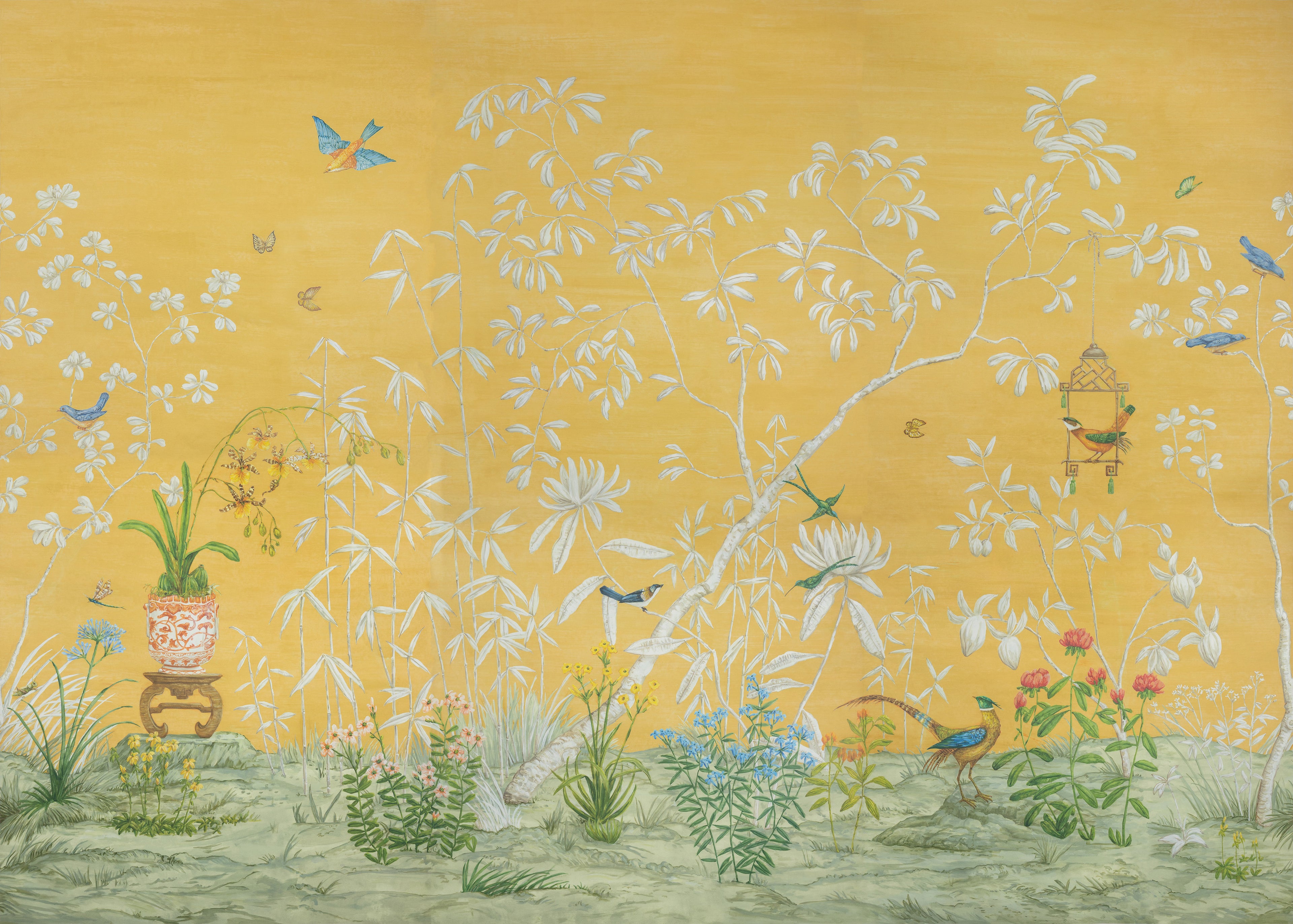 Jardin Yili 3 Panel Mural in soleil color - pattern number P8026104.4.0 - by Brunschwig and Fils in the Les Paysages Murals collection