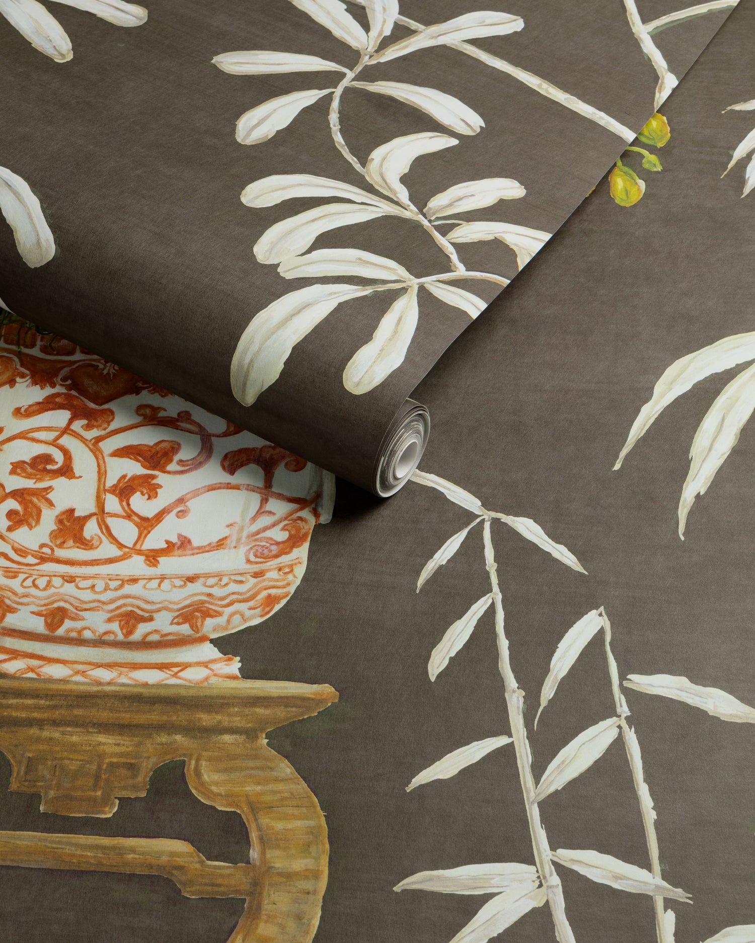 Jardin Yili 3 Panel Mural in chocolate color - pattern number P8026104.66.0 - by Brunschwig and Fils in the Les Paysages Murals collection