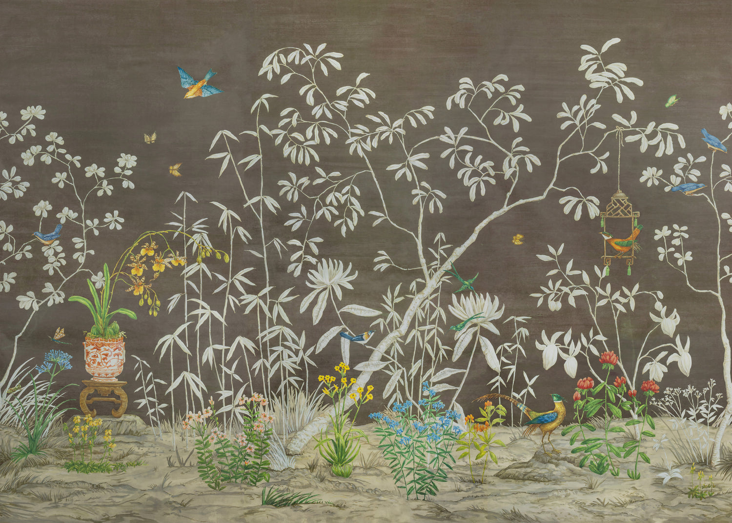 Jardin Yili 3 Panel Mural in chocolate color - pattern number P8026104.66.0 - by Brunschwig and Fils in the Les Paysages Murals collection