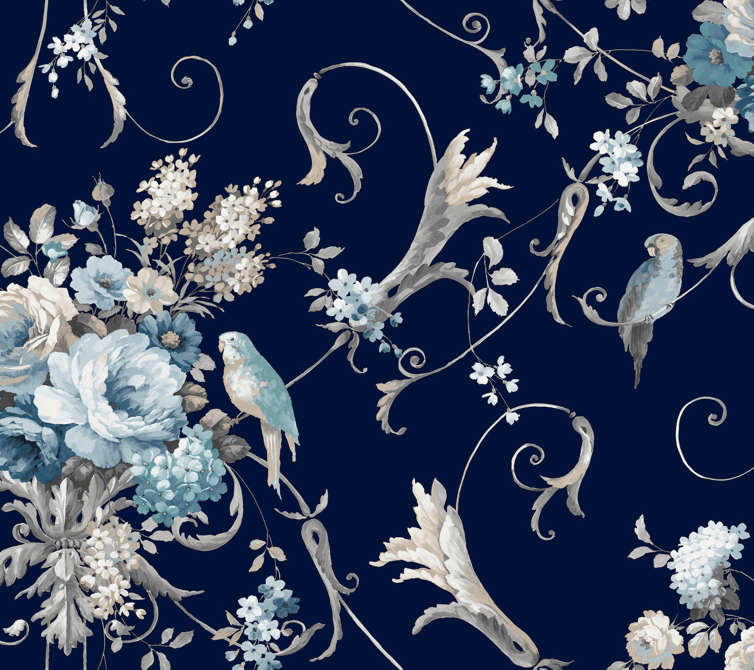 Parrots with Floral Bouquets Peel and Stick wallpaper in navy color - pattern number PSW1360RL - by York in the Vintage Florals Peel and Stick Wallpaper collection