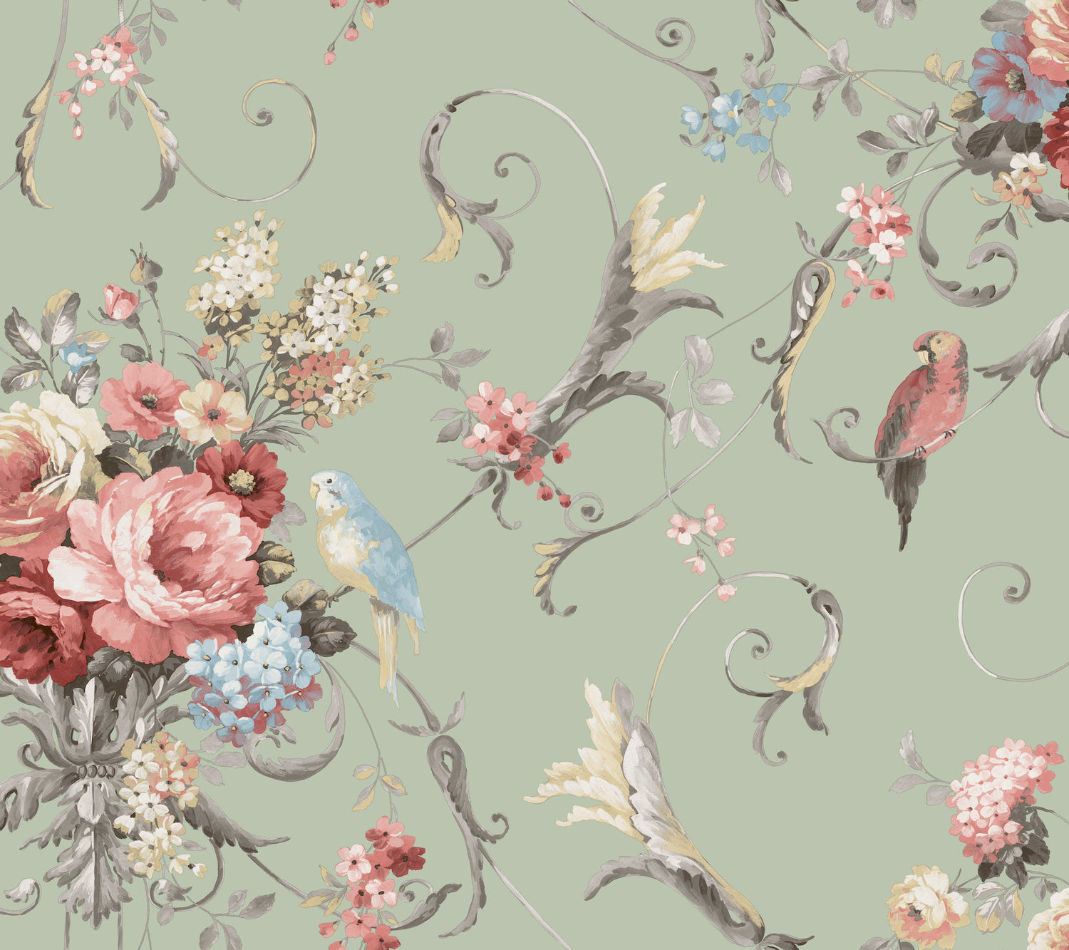 Parrots with Floral Bouquets Peel and Stick wallpaper in eucalyptus color - pattern number PSW1361RL - by York in the Vintage Florals Peel and Stick Wallpaper collection