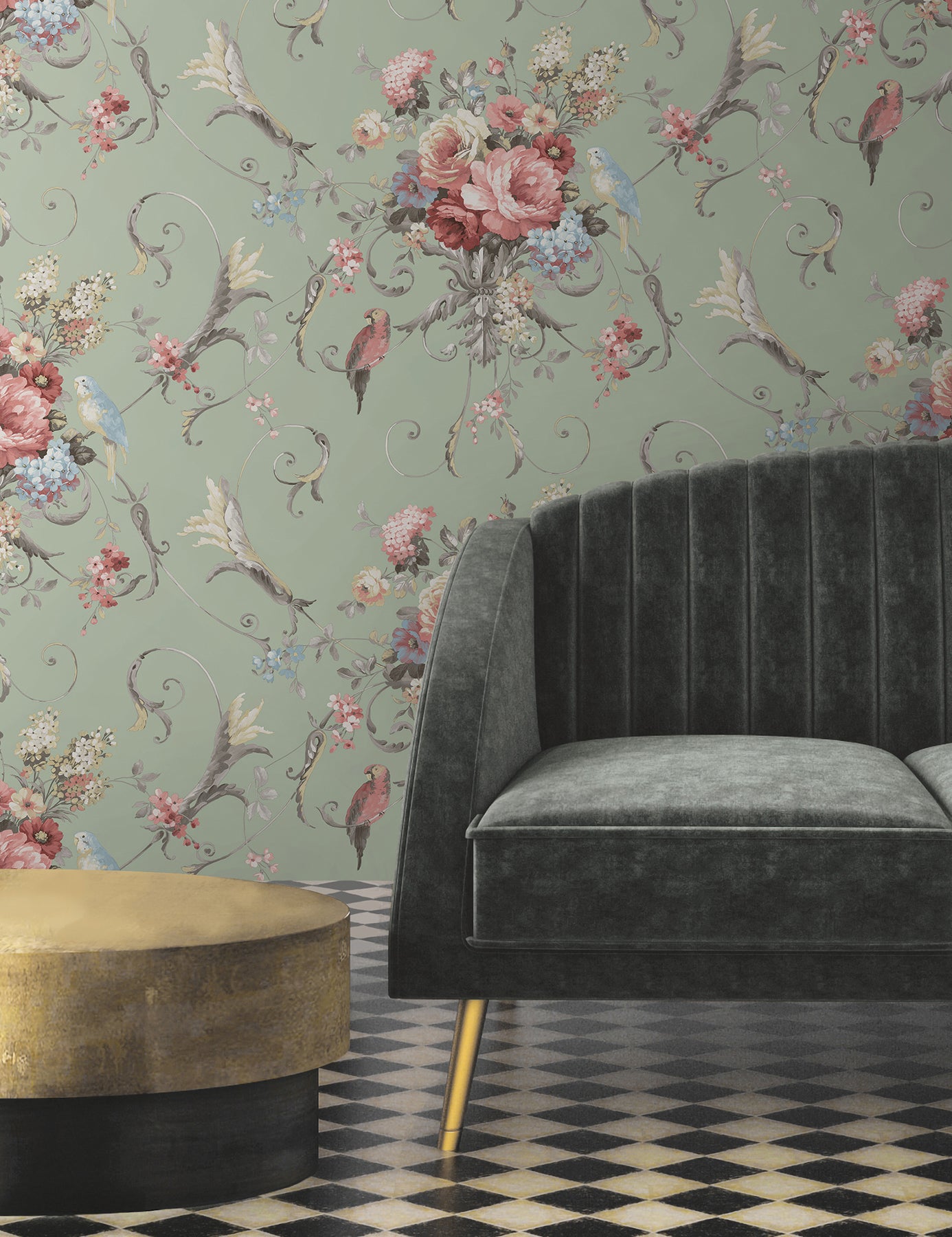 Parrots with Floral Bouquets Peel and Stick wallpaper in eucalyptus color - pattern number PSW1361RL - by York in the Vintage Florals Peel and Stick Wallpaper collection
