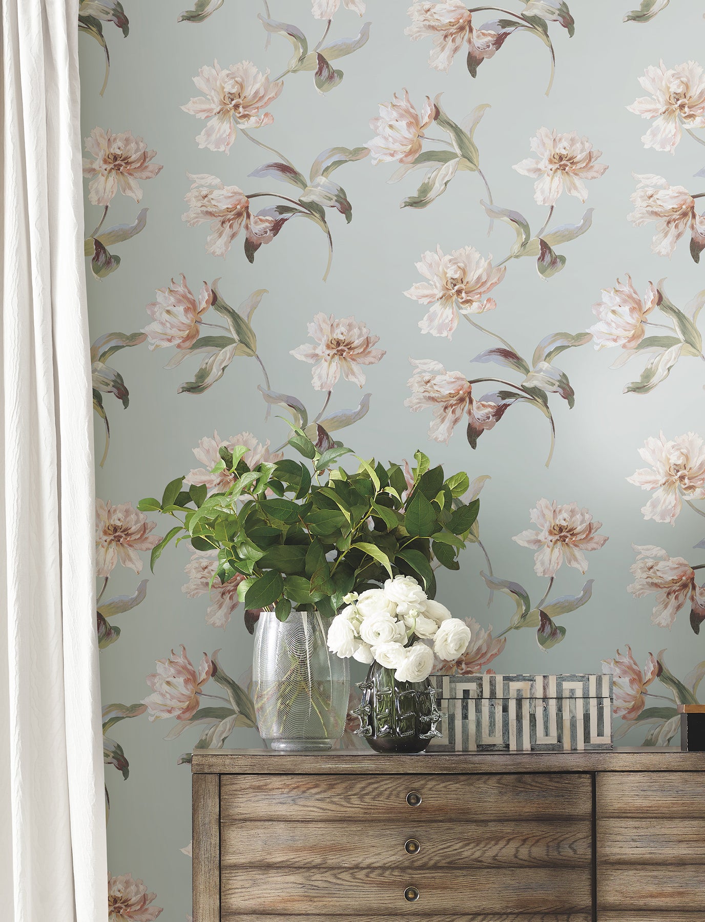 Large Parrot Tulip Peel and Stick wallpaper in white color - pattern number PSW1374RL - by York in the Vintage Florals Peel and Stick Wallpaper collection