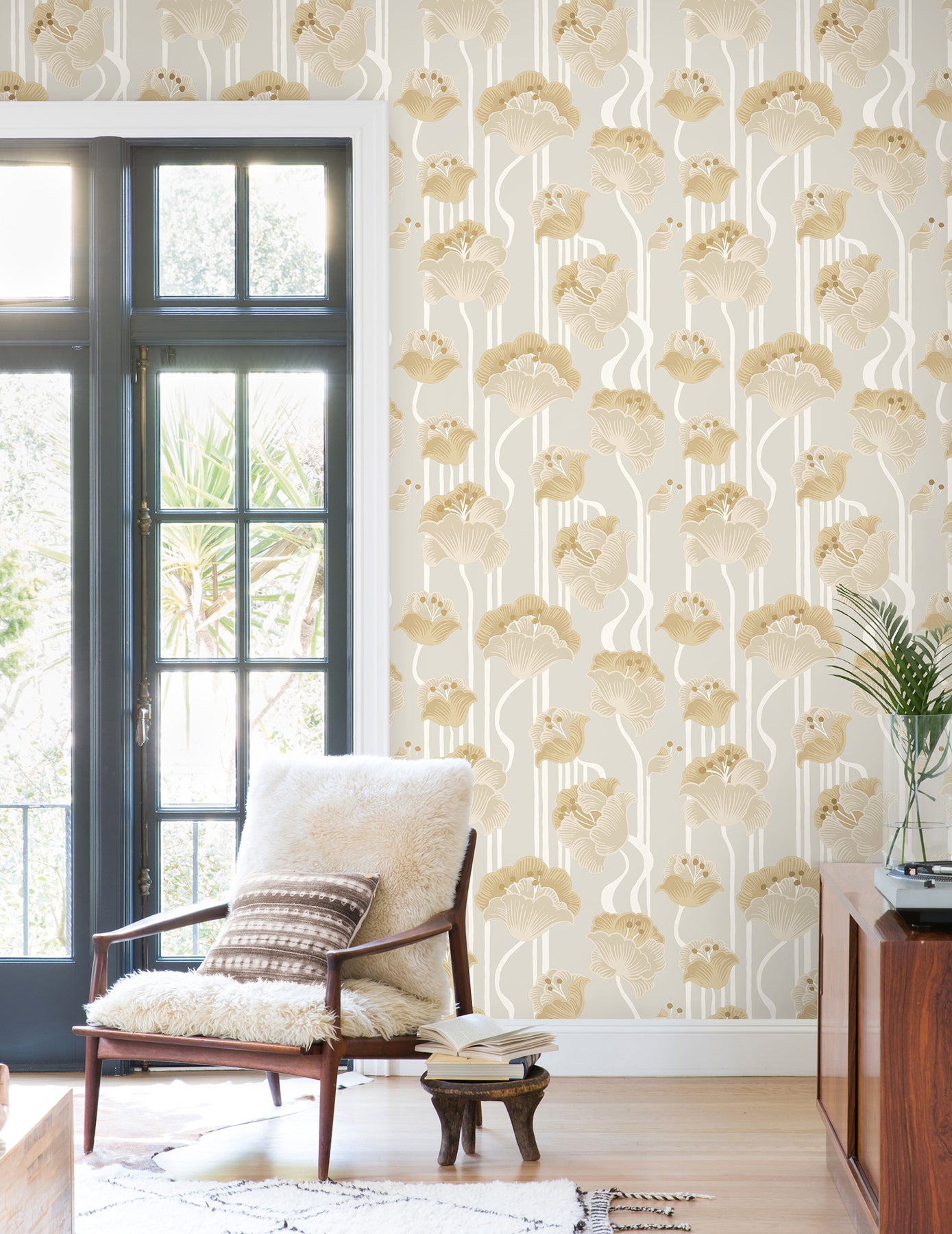 Shirley Deco Floral Peel and Stick wallpaper in neutral metallic color - pattern number PSW1568RL - by York in the Mirth Studio Peel and Stick Wallpaper collection