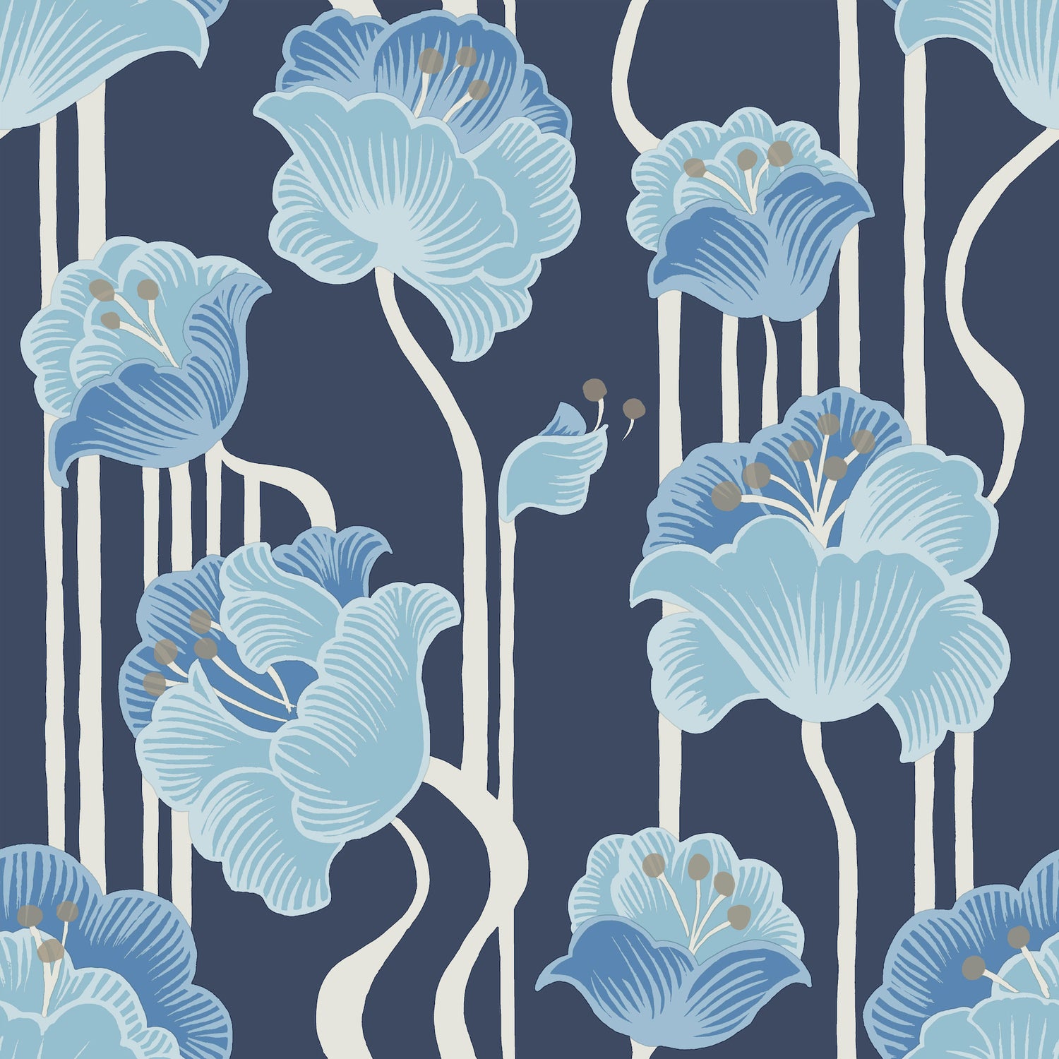 Shirley Deco Floral Peel and Stick wallpaper in blue metallic color - pattern number PSW1569RL - by York in the Mirth Studio Peel and Stick Wallpaper collection