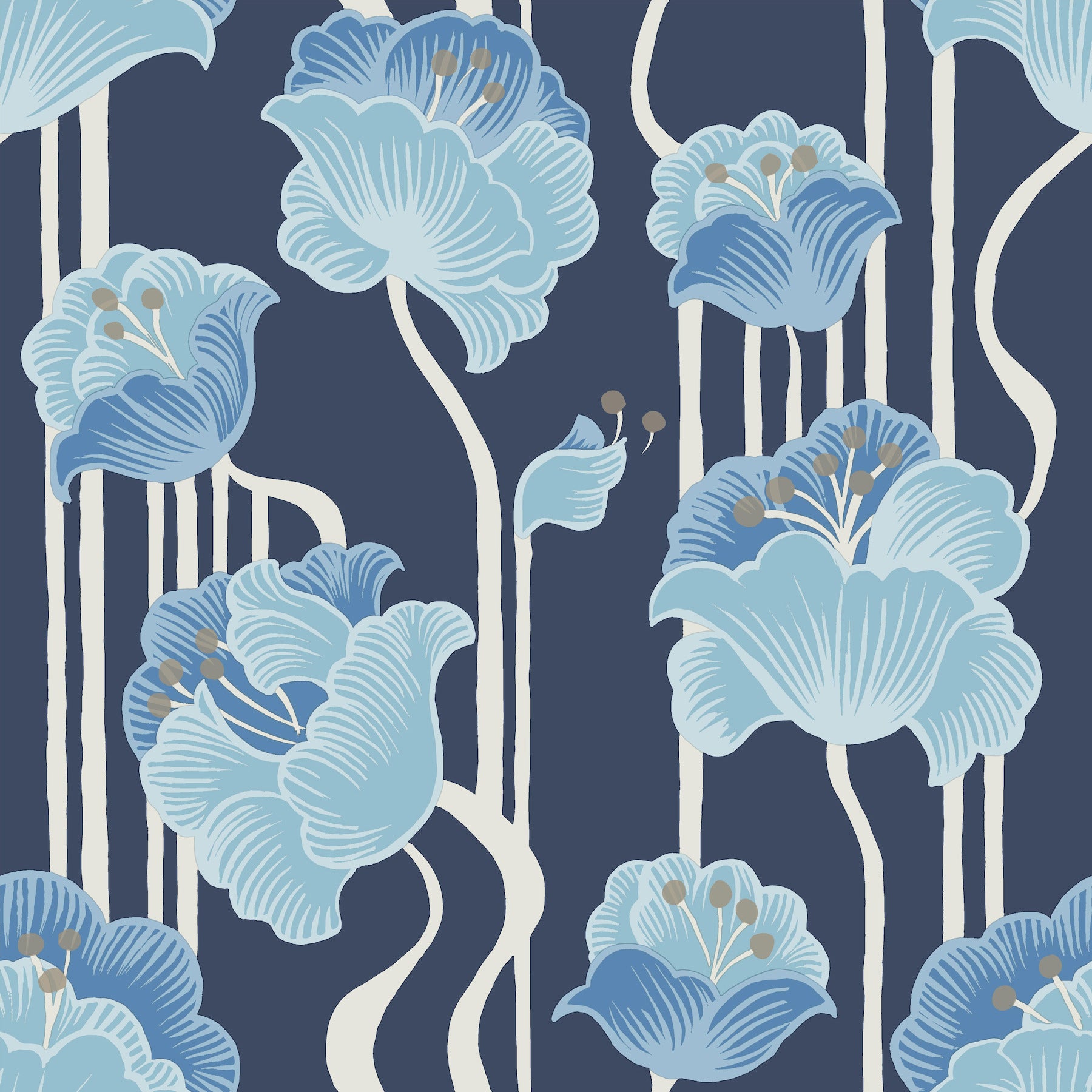 Shirley Deco Floral Peel and Stick wallpaper in blue metallic color - pattern number PSW1569RL - by York in the Mirth Studio Peel and Stick Wallpaper collection