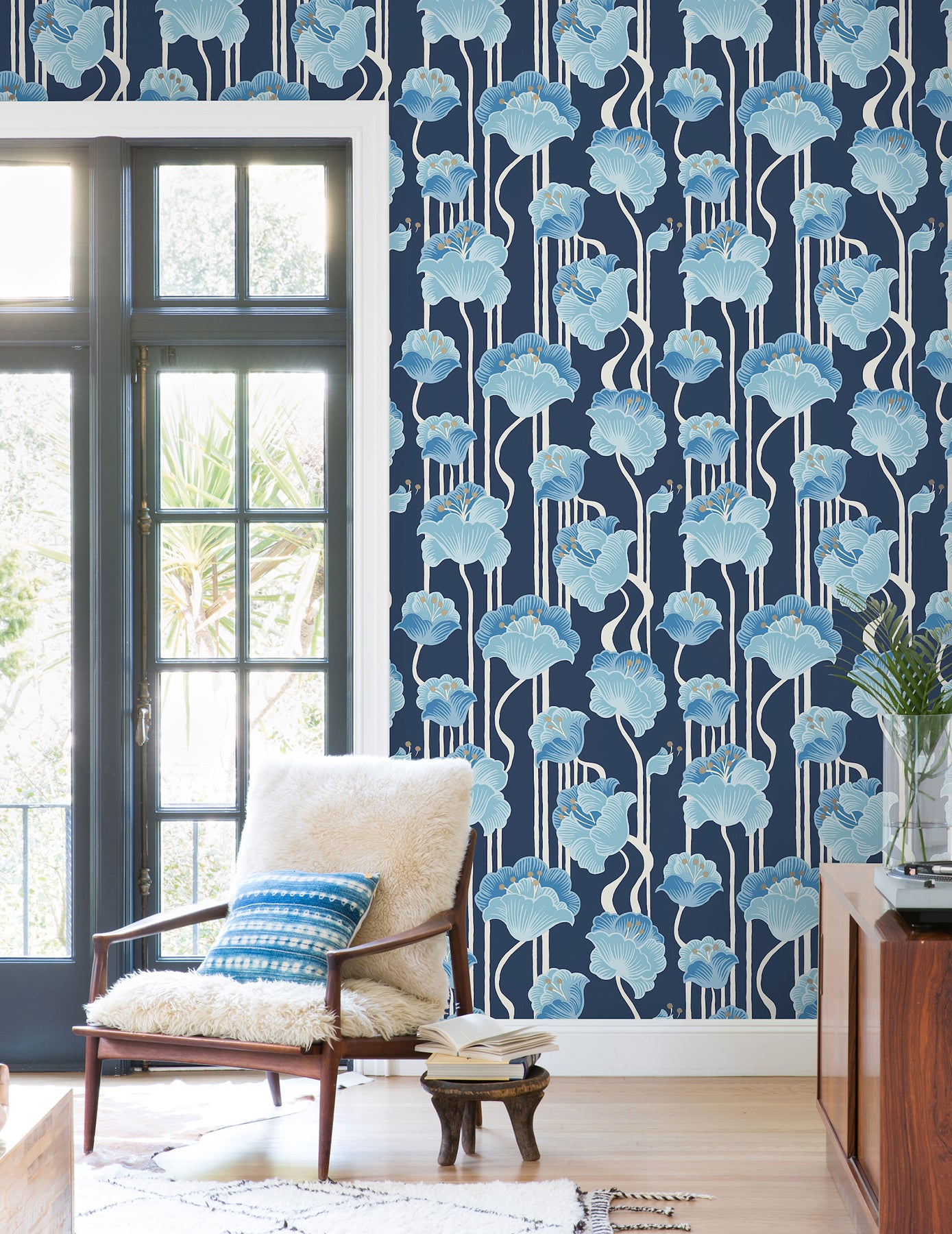Shirley Deco Floral Peel and Stick wallpaper in blue metallic color - pattern number PSW1569RL - by York in the Mirth Studio Peel and Stick Wallpaper collection