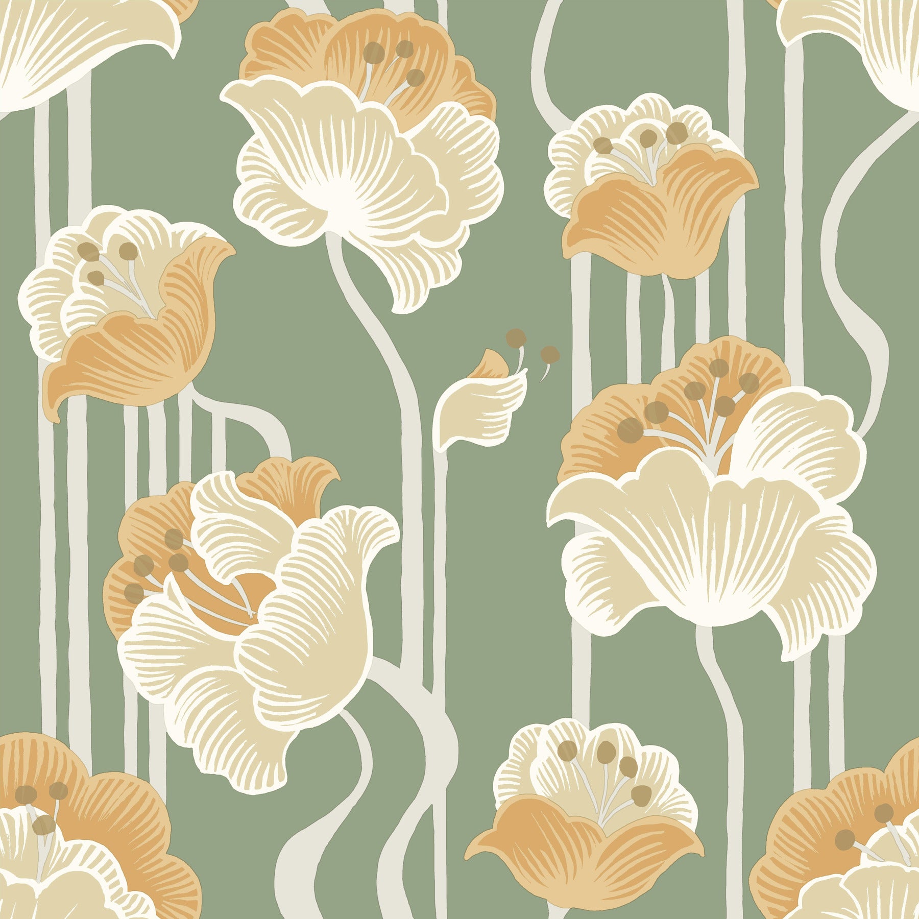 Shirley Deco Floral Peel and Stick wallpaper in green metallic color - pattern number PSW1570RL - by York in the Mirth Studio Peel and Stick Wallpaper collection