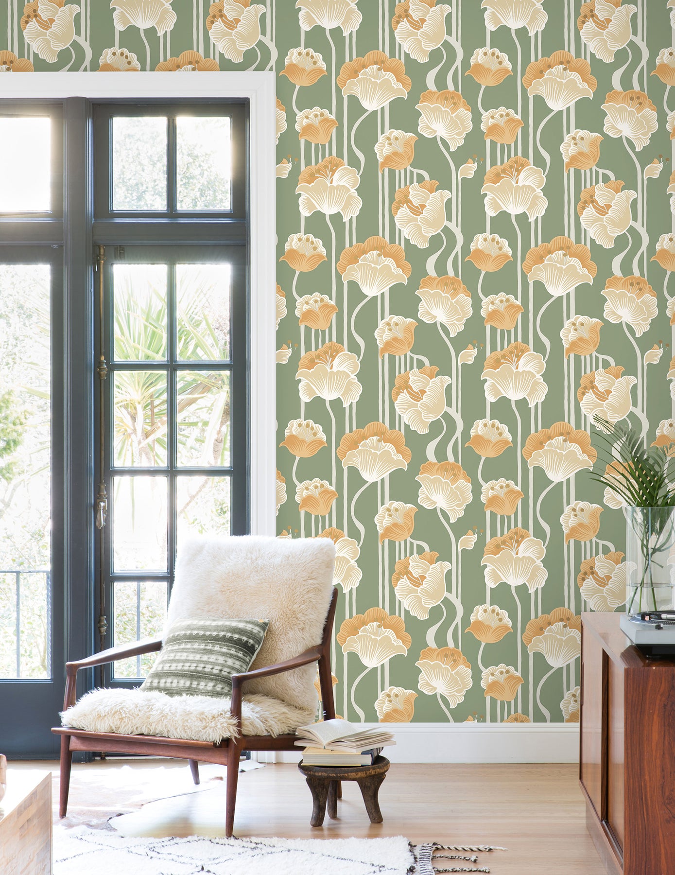 Shirley Deco Floral Peel and Stick wallpaper in green metallic color - pattern number PSW1570RL - by York in the Mirth Studio Peel and Stick Wallpaper collection