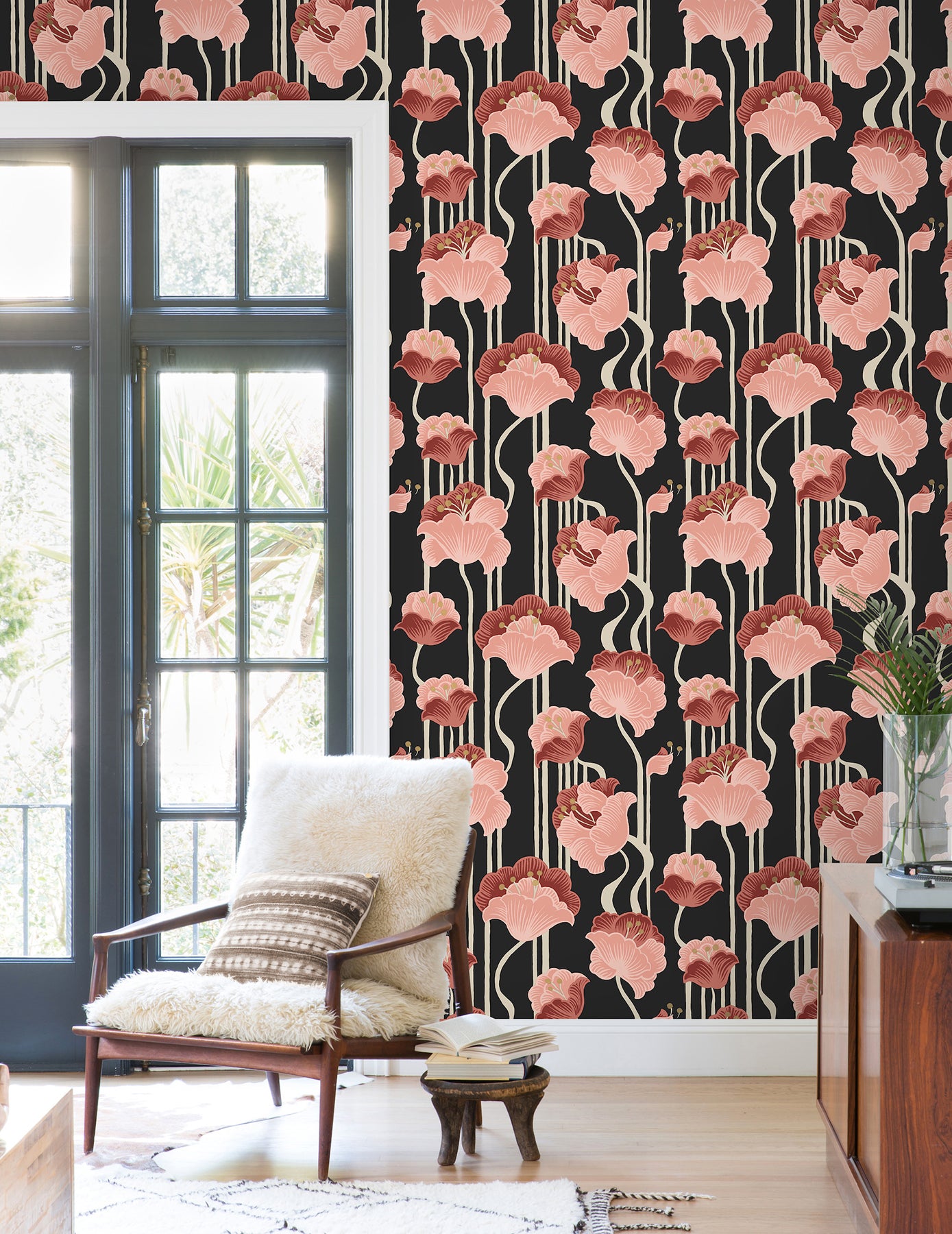 Shirley Deco Floral Peel and Stick wallpaper in coral metallic color - pattern number PSW1571RL - by York in the Mirth Studio Peel and Stick Wallpaper collection