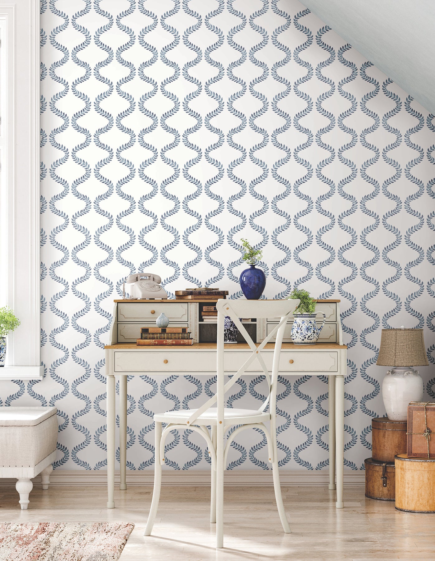 Florentine Vine Trellis Peel and Stick wallpaper in blue color - pattern number PSW1573RL - by York in the Mirth Studio Peel and Stick Wallpaper collection